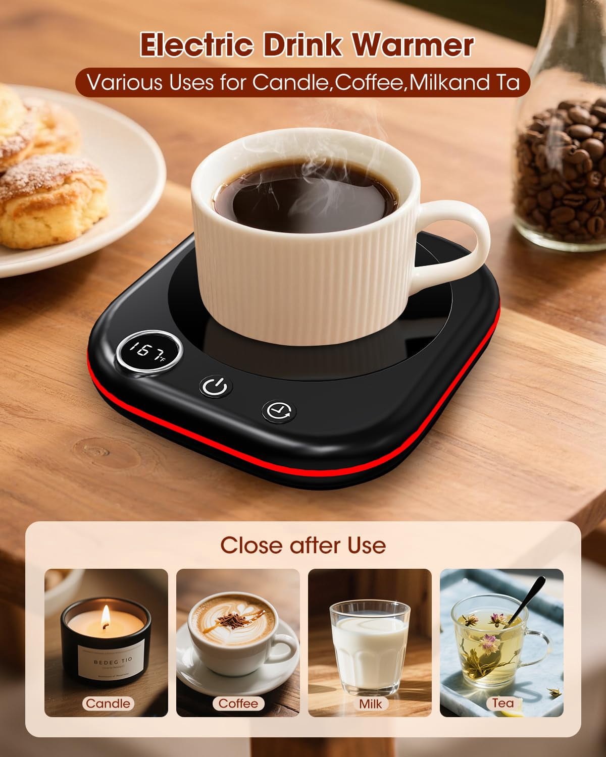 Mug Warmer,40W Coffee Mug Warmer for Desk with Temperature Display, 4H Auto Shut Off, 3 Temp Settings & 1-12H Timer, Smart Electric Beverage Warmer for Coffee, Tea, Water, Milk and Coco(Black)