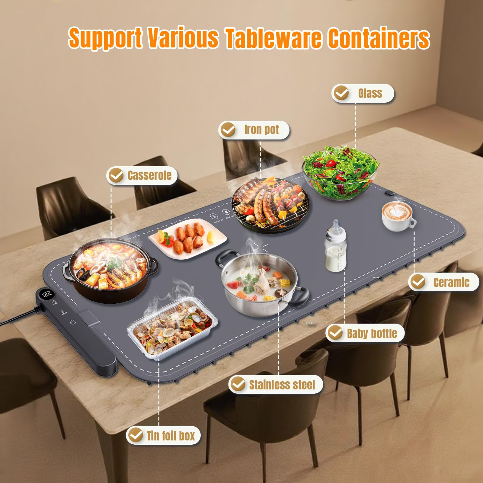 MQ Extra Large Rollable Food Warming Mat 35.4"x15.7", 6 Temp Levels & 6H Timer, Portable XXL Heating Tray Pad for Buffet Party Gifts