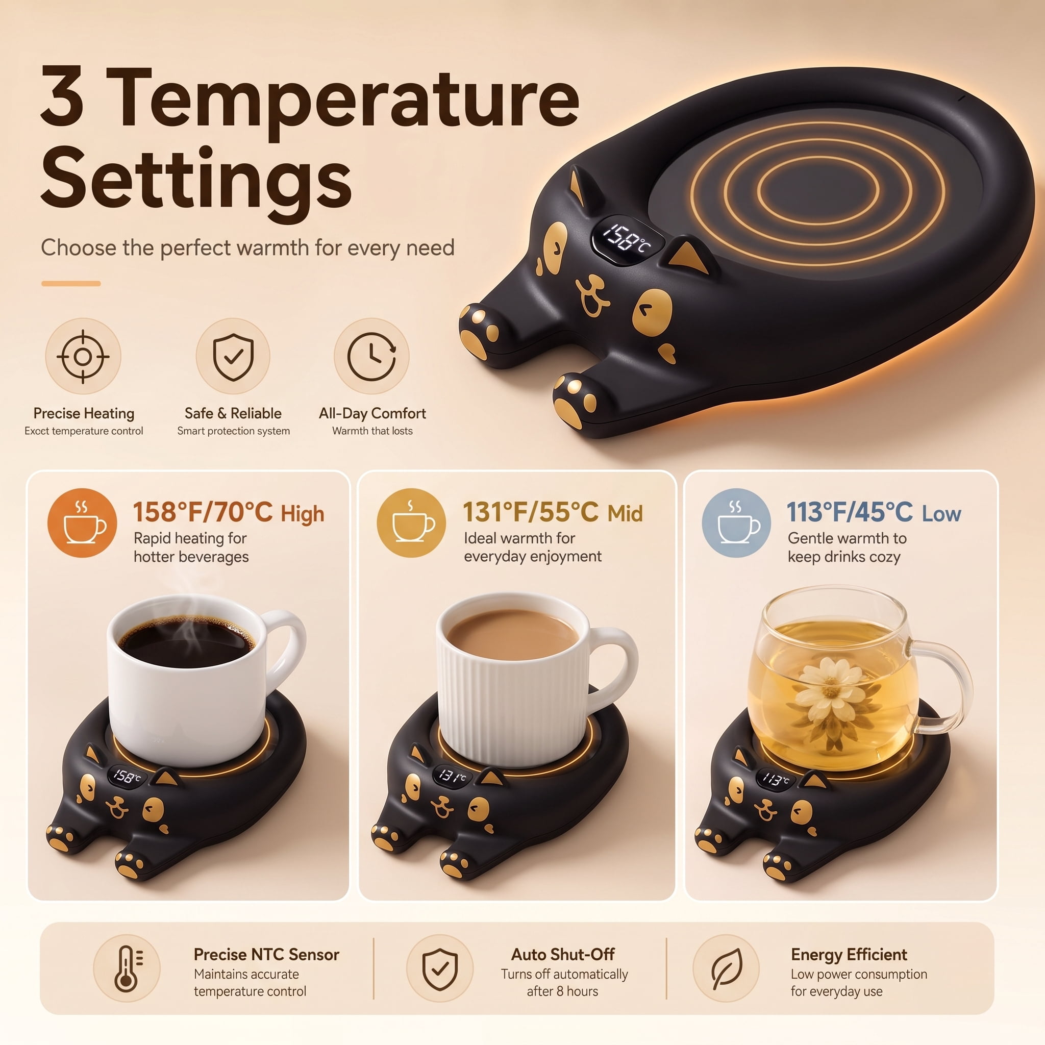 Mug Warmer, 3 Temp Settings Electric Plate with Auto Shut off, Coffee Cup Warmer for Coffee, Tea, Water, Milk and Cocoa