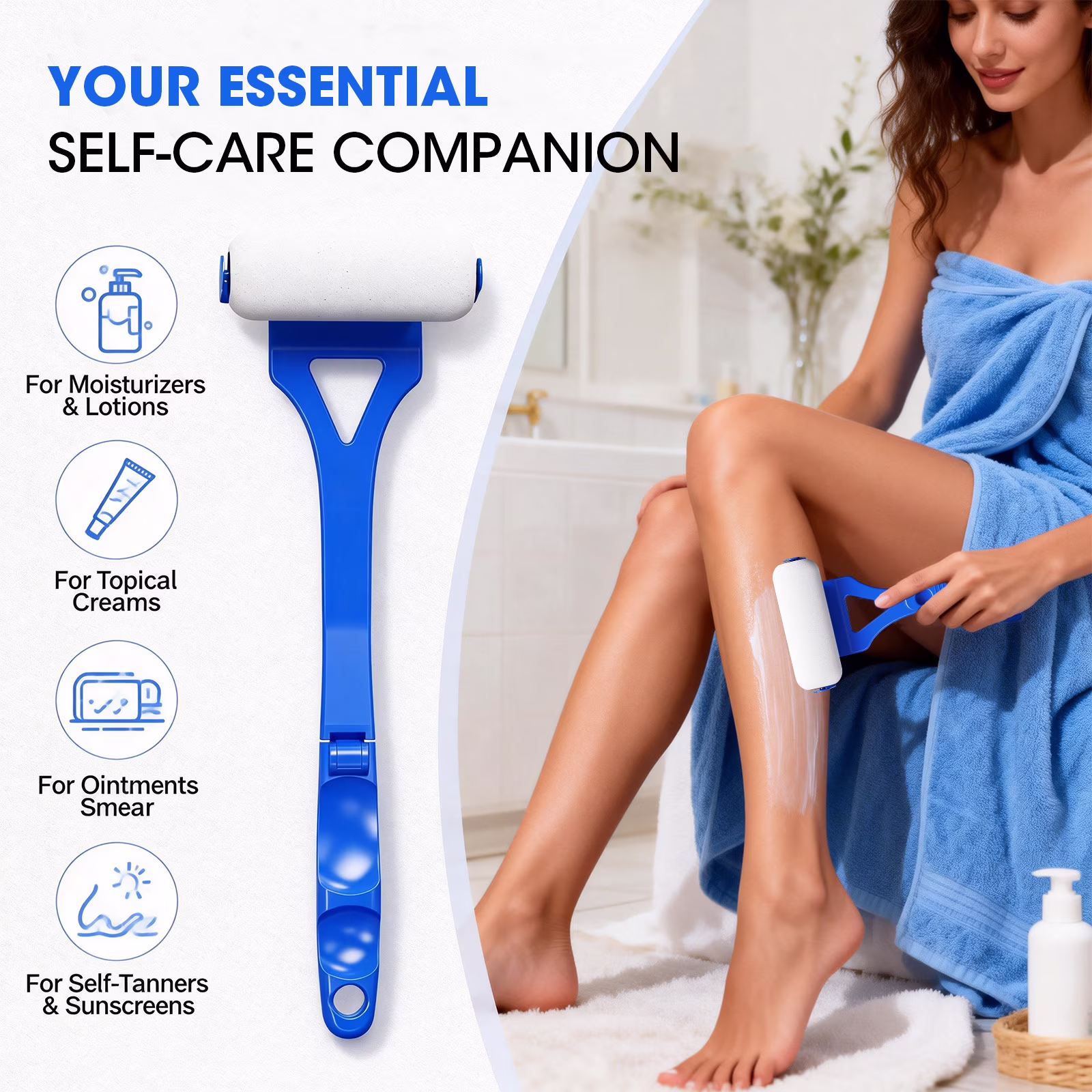 Lotion Applicator for Back Body, Back Lotion Applicator Long Reach Folding Handle, Sunscreen Application Roller Wands for Back Self Elderly, Seniors, Women and Men, Blue