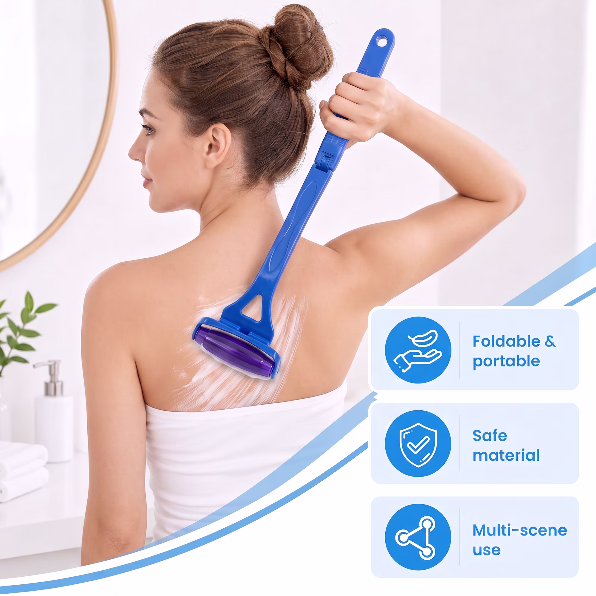 Lotion Applicator for Back Body, Resin Back Lotion Applicator Long Reach Folding Handle, Sunscreen Application Roller Wands for Back Self Elderly, Seniors, Women and Men, Blue