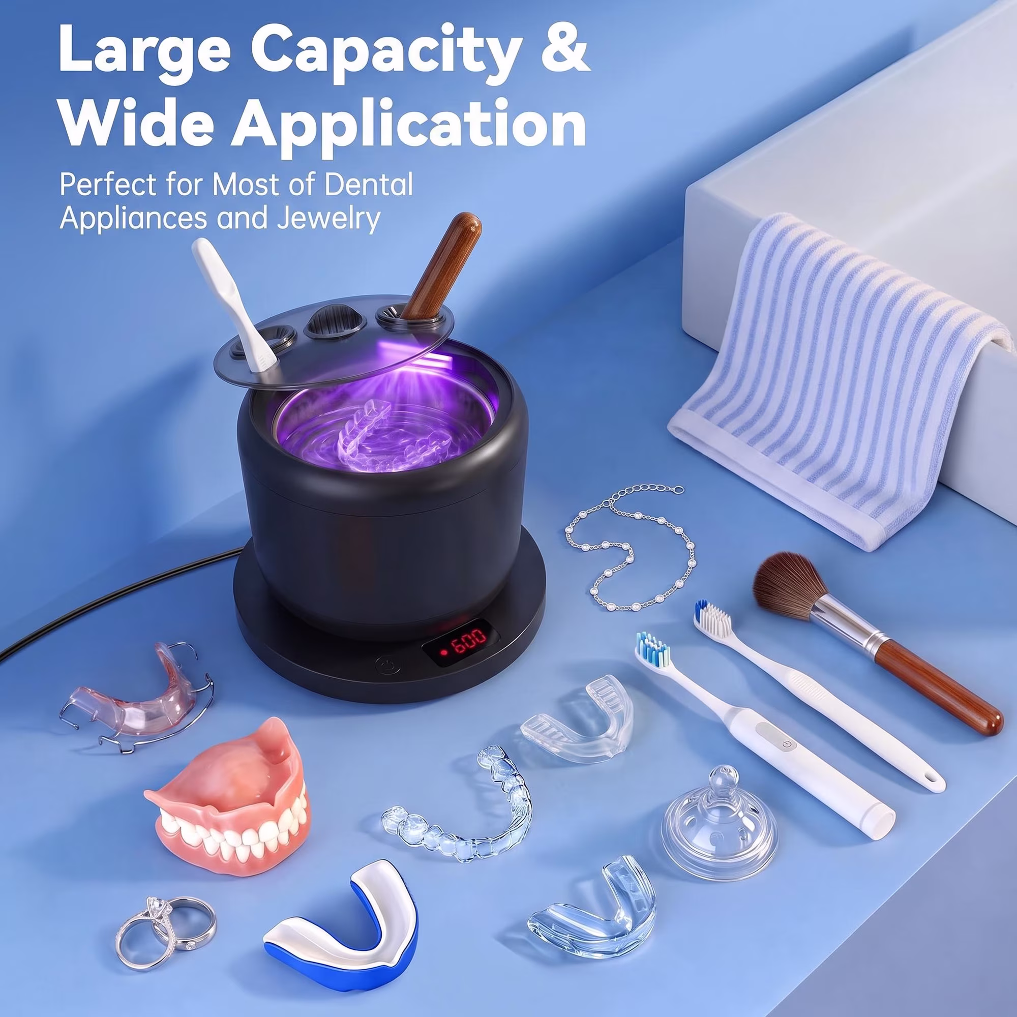MQ Ultrasonic Retainer Cleaner,48kHz 200ML,3 Modes Removable Base Cover for Aligners Braces Mouth Guards Brush Heads Jewelry