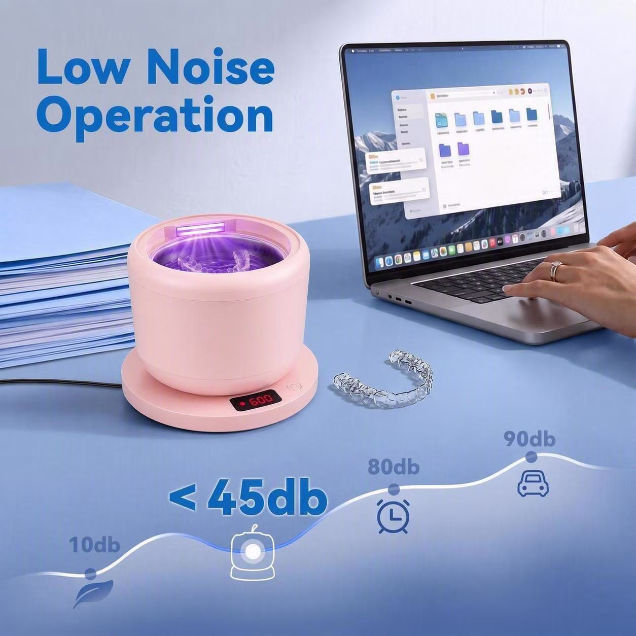 MQ Ultrasonic Retainer Cleaner,48kHz 200ML,3 Modes Removable Base Cover for Aligners Braces Mouth Guards Brush Heads Jewelry