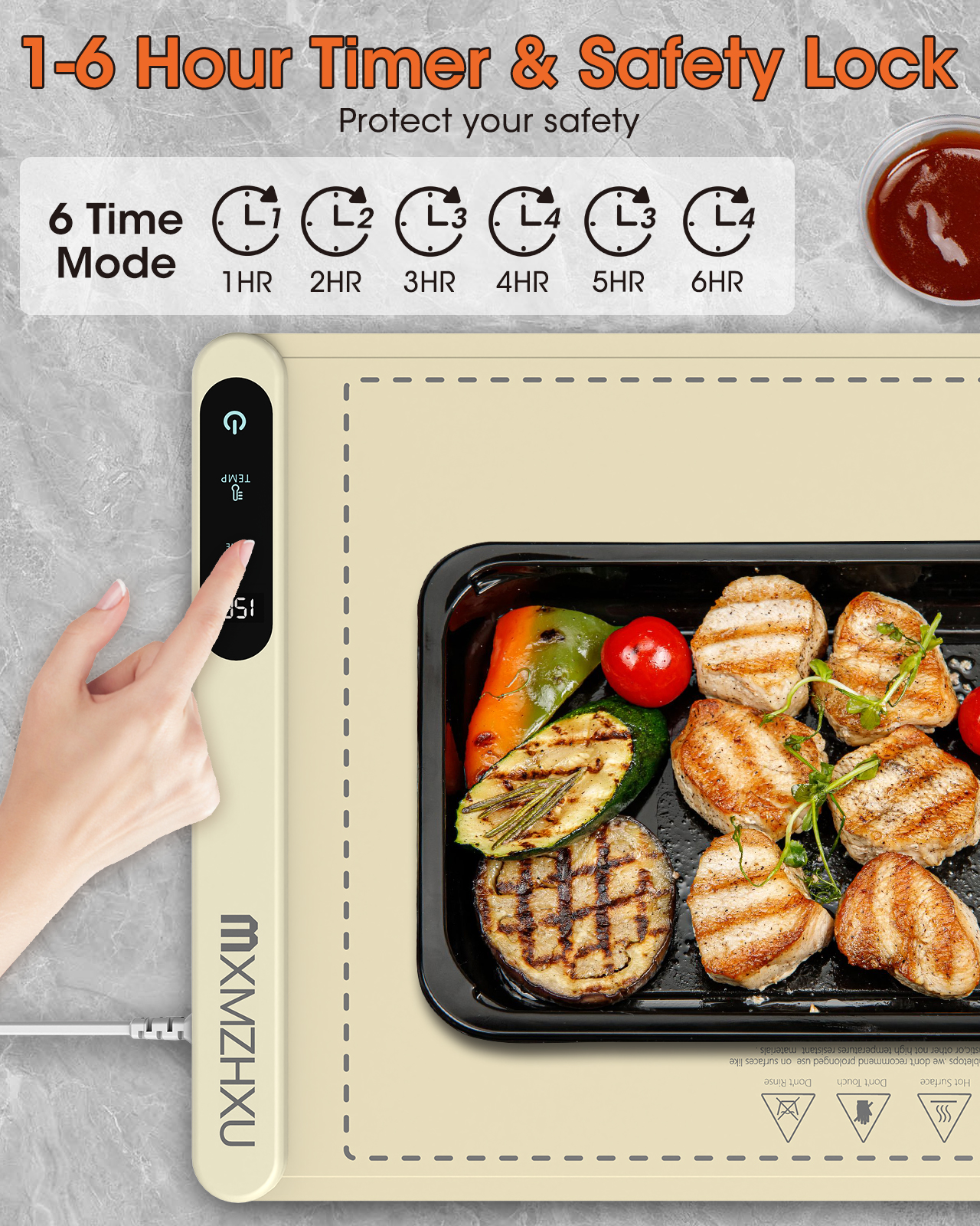 MQ Food Warming Mat 43"x14", Electric Warming Tray, 6 Temp Settings & 6H Auto Shut-Off Timer, 600W Full Surface Heating for Buffet Home Gray
