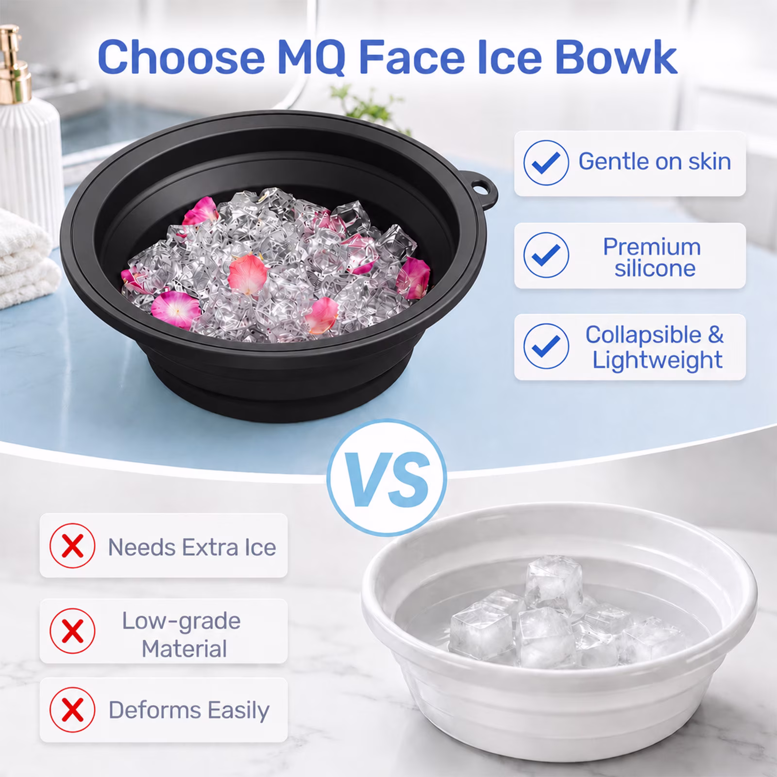 MQ Silicone Face Bowl for Ice with Built-In Icetray, Collapsible Ice Bowl for Face Bath at Home