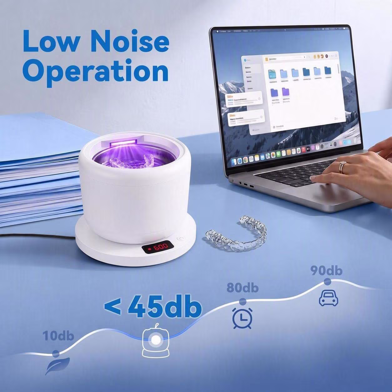 MQ Ultrasonic Retainer Cleaner, 48kHz 200ML, ABS & Stainless Steel, White, 3 Modes Removable Base for Adult Aligners, Braces, Mouth Guards & Jewelry