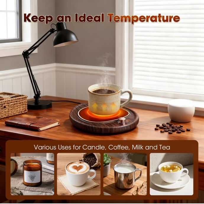 MQ Coffee Mug Warmer - Large Candle Warmer Plate, 2-Temp Setting (131℉ & 113℉) & Fast Heating, Elegant Desk Warmer for Coffee/Tea/Milk/Candle, Ideal Office Home Gift (Wood Grain)