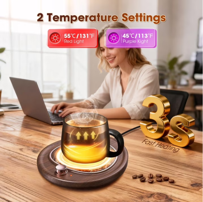 MQ Coffee Mug Warmer - Large Candle Warmer Plate, 2-Temp Setting (131℉ & 113℉) & Fast Heating, Elegant Desk Warmer for Coffee/Tea/Milk/Candle, Ideal Office Home Gift (Wood Grain)