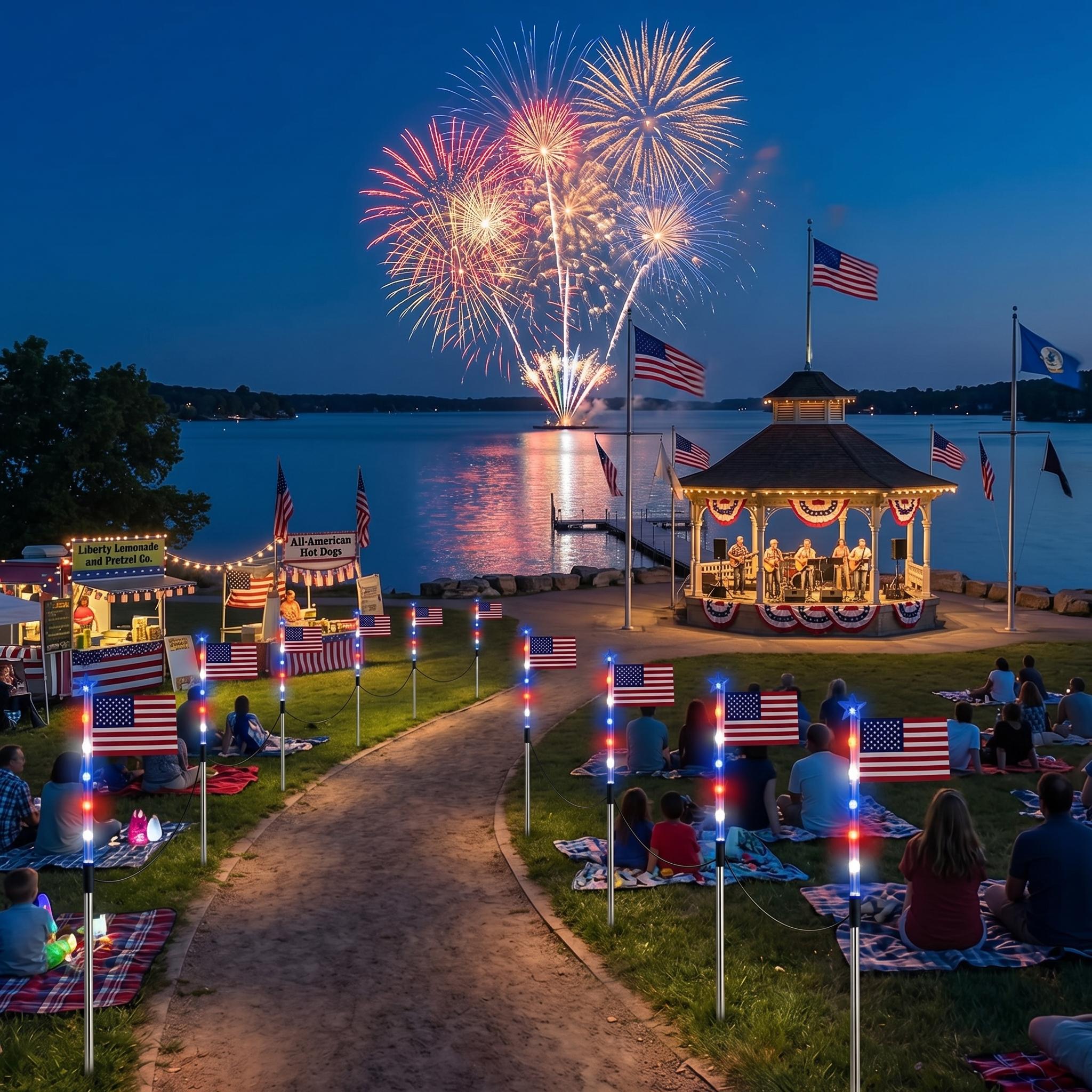 Fireworks over glowing American flag lights