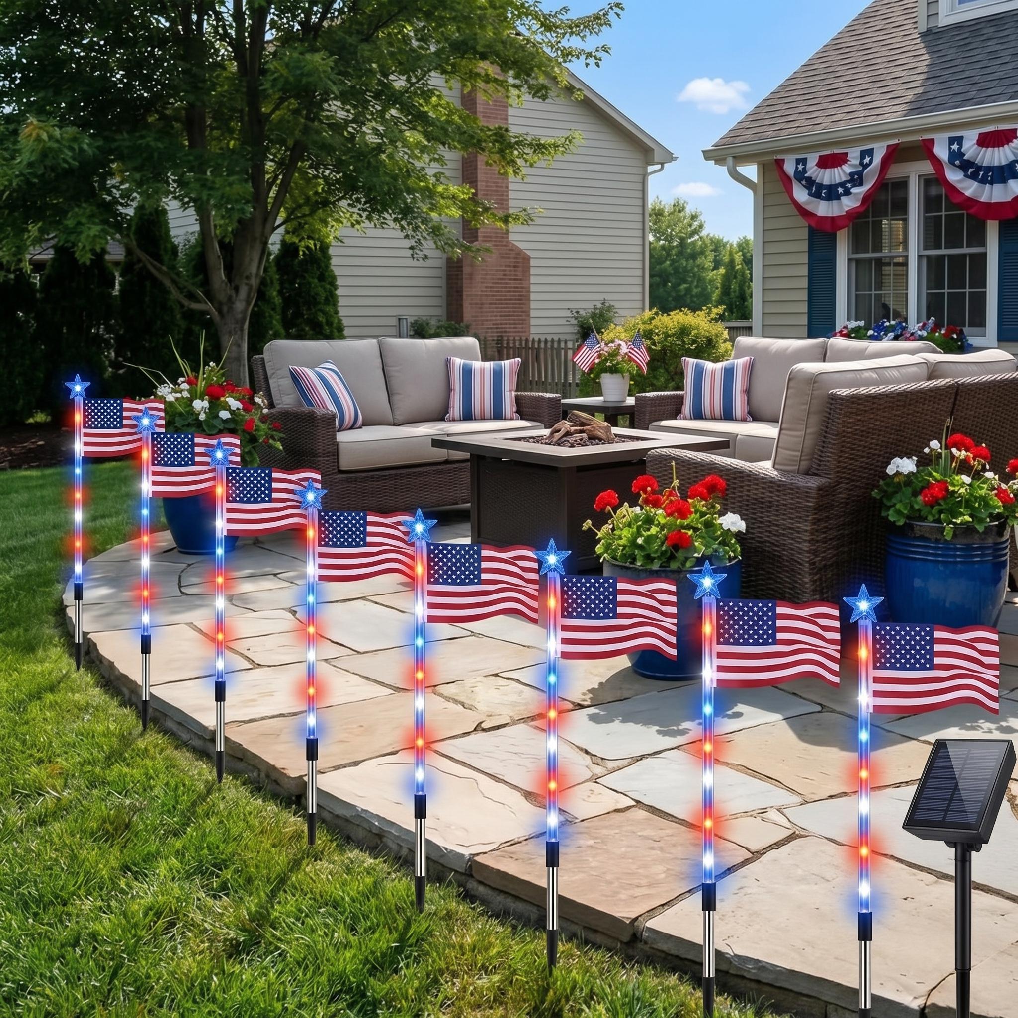Patio setup with solar flag lights