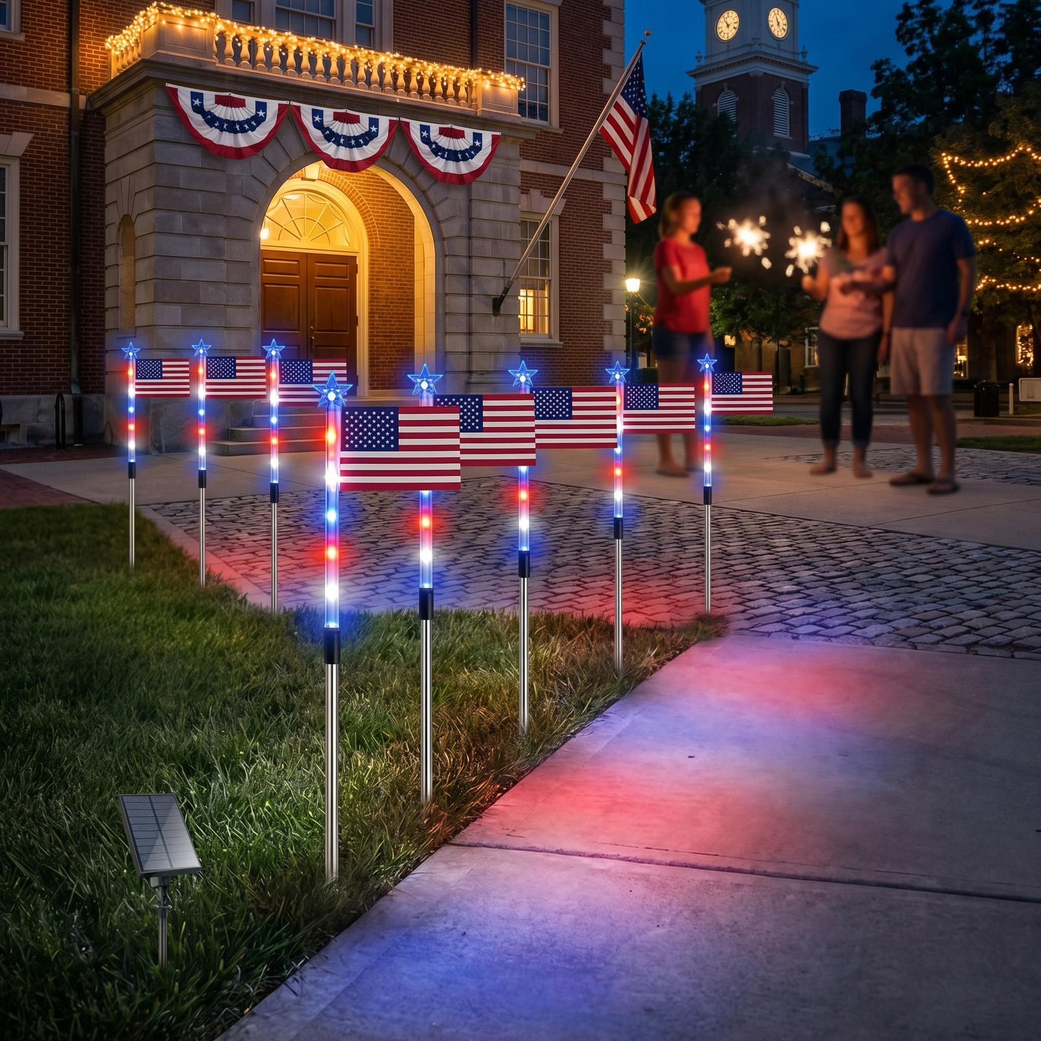 Pathway illuminated by flag lights