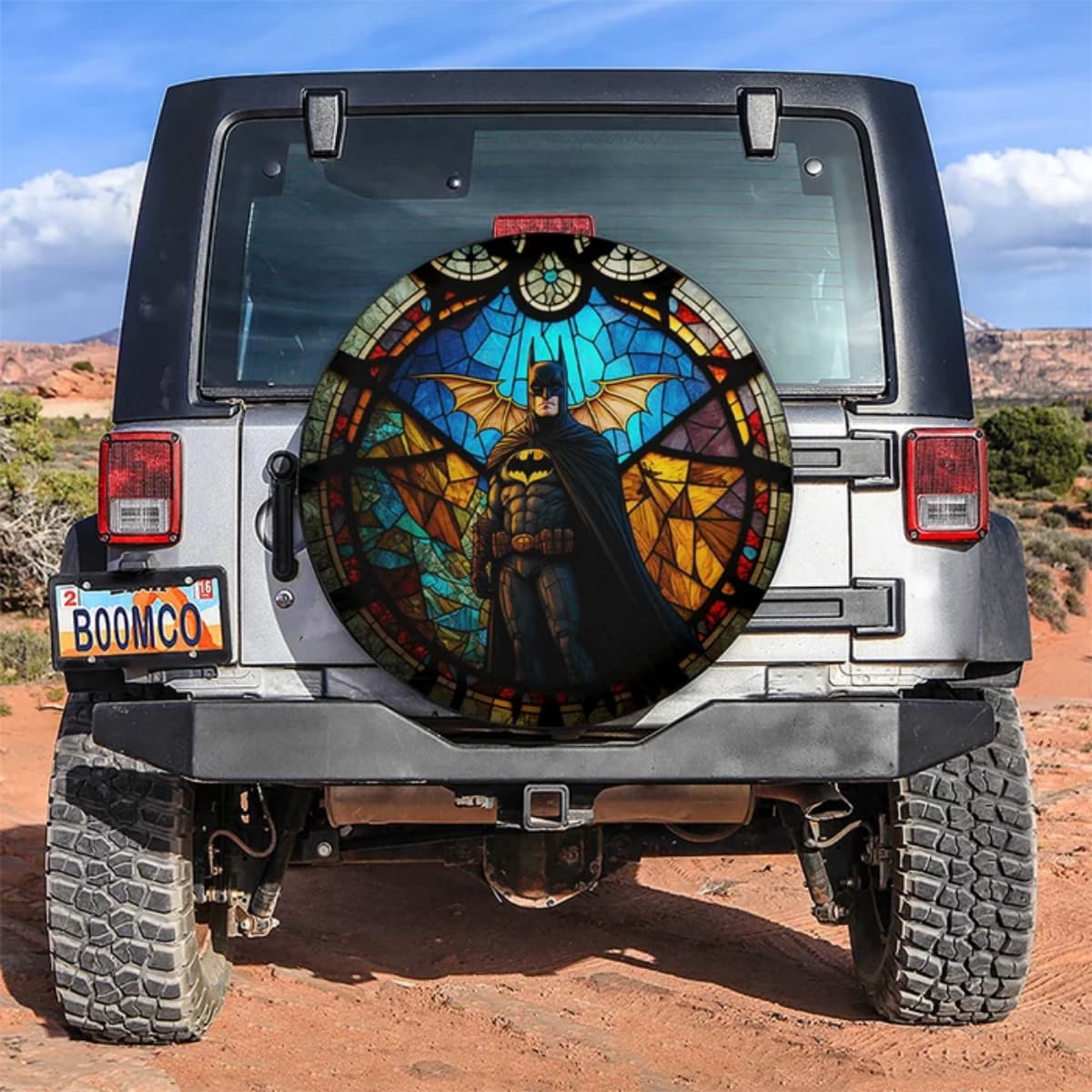 DC Batman Gothic Stained Glass Batwing Spare Tire Cover for Jeep, SUV & RV