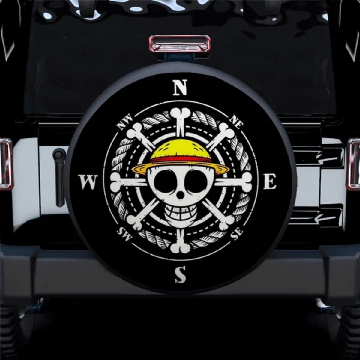 One Piece Straw Hat Pirates Compass Skull Logo Spare Tire Cover for Jeep, SUV & RV