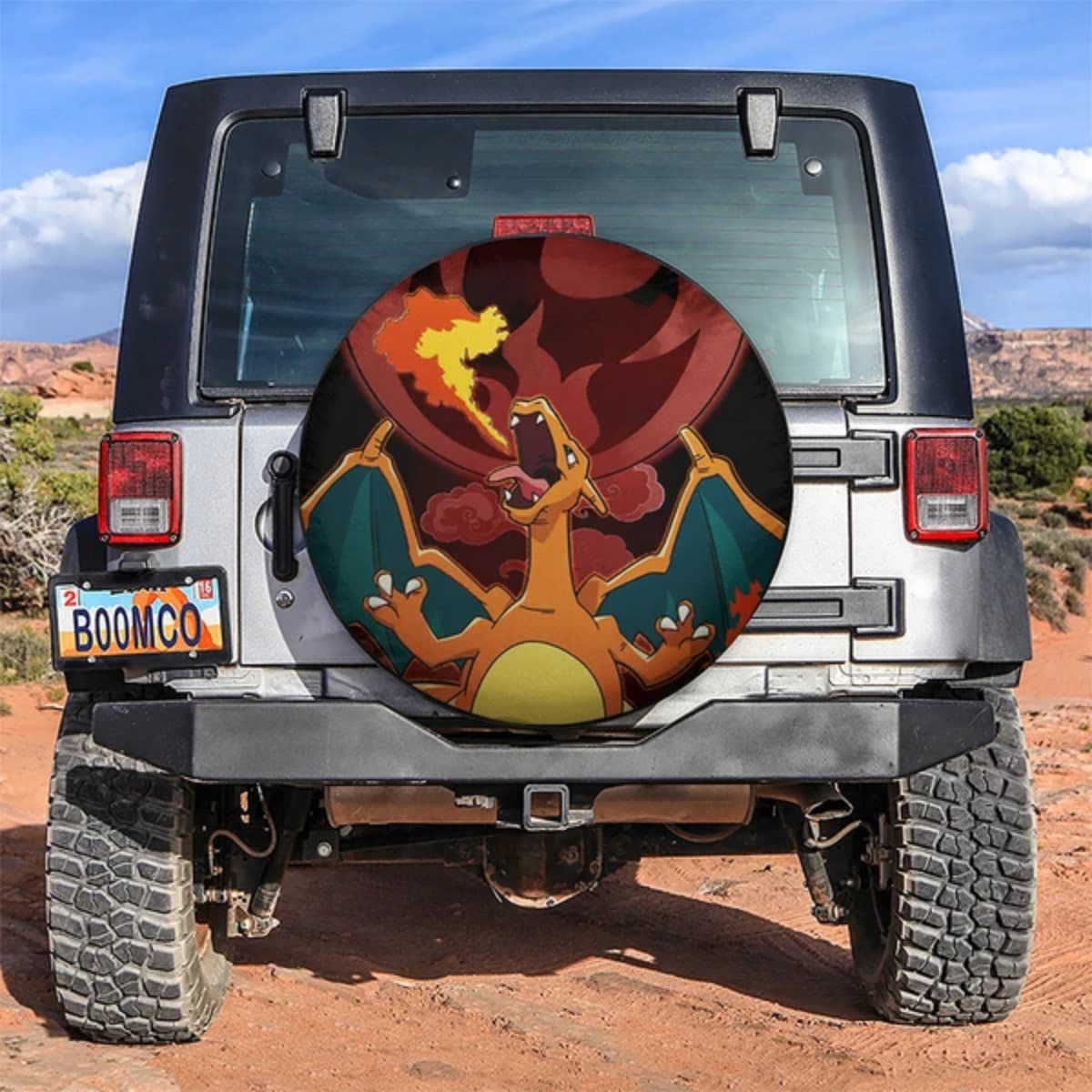 Pokemon Charizard Fire Breathing Dragon Anime Spare Tire Cover for Jeep, SUV & RV
