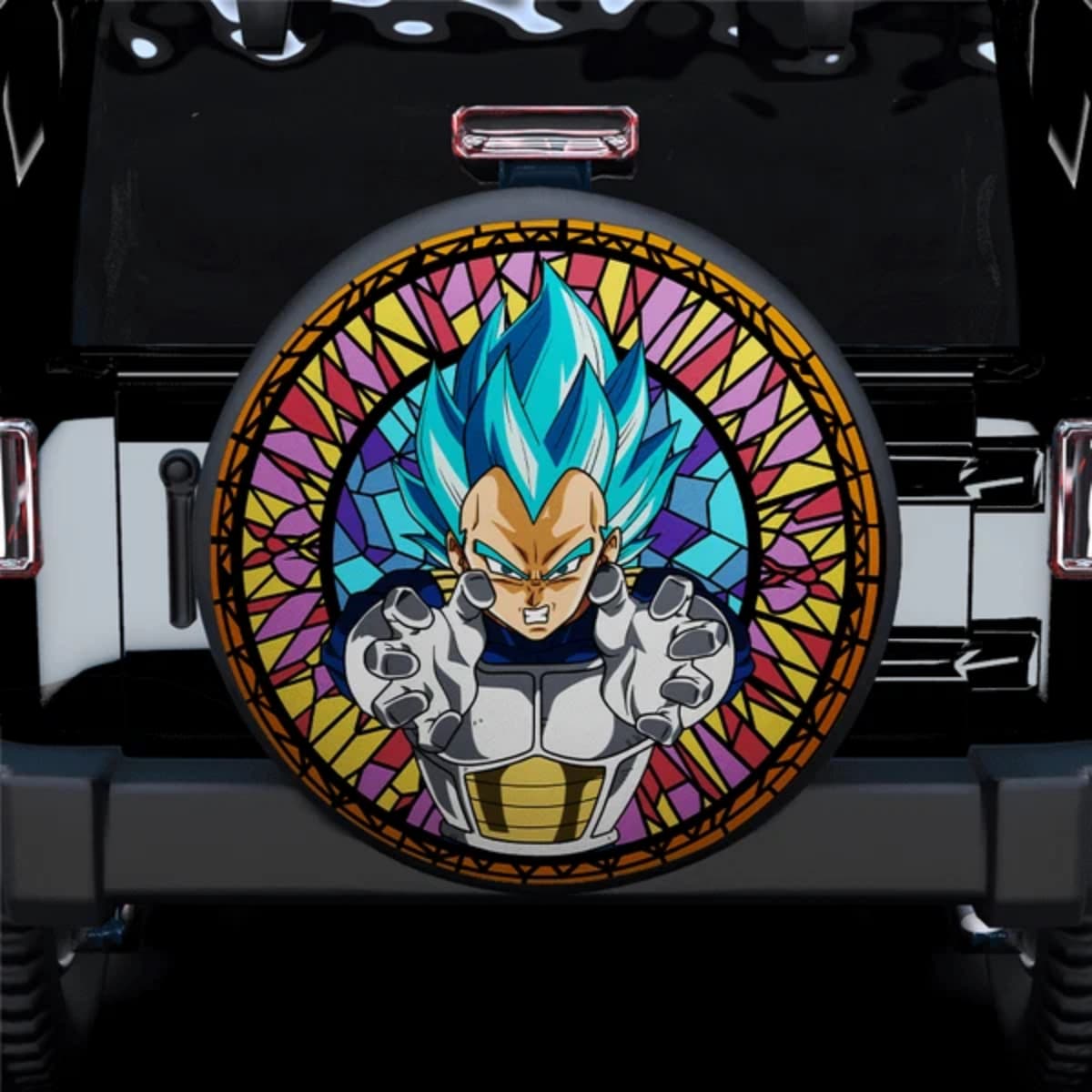 Dragon Ball Super Saiyan Blue Vegeta Anime Stained Glass Spare Tire Cover for Jeep, SUV & RV