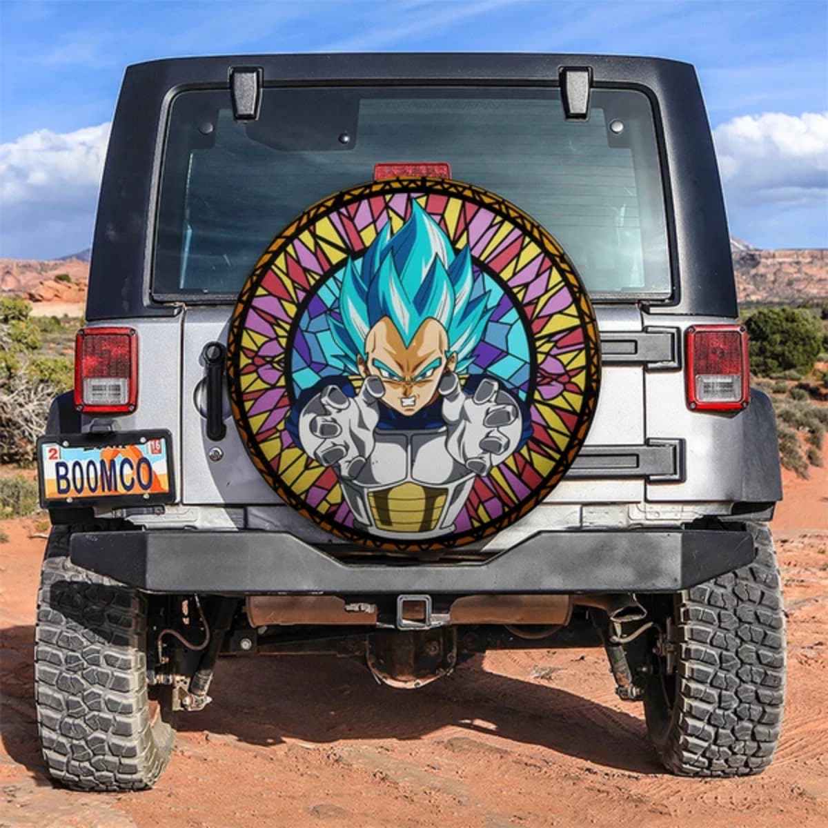 Dragon Ball Super Saiyan Blue Vegeta Anime Stained Glass Spare Tire Cover for Jeep, SUV & RV
