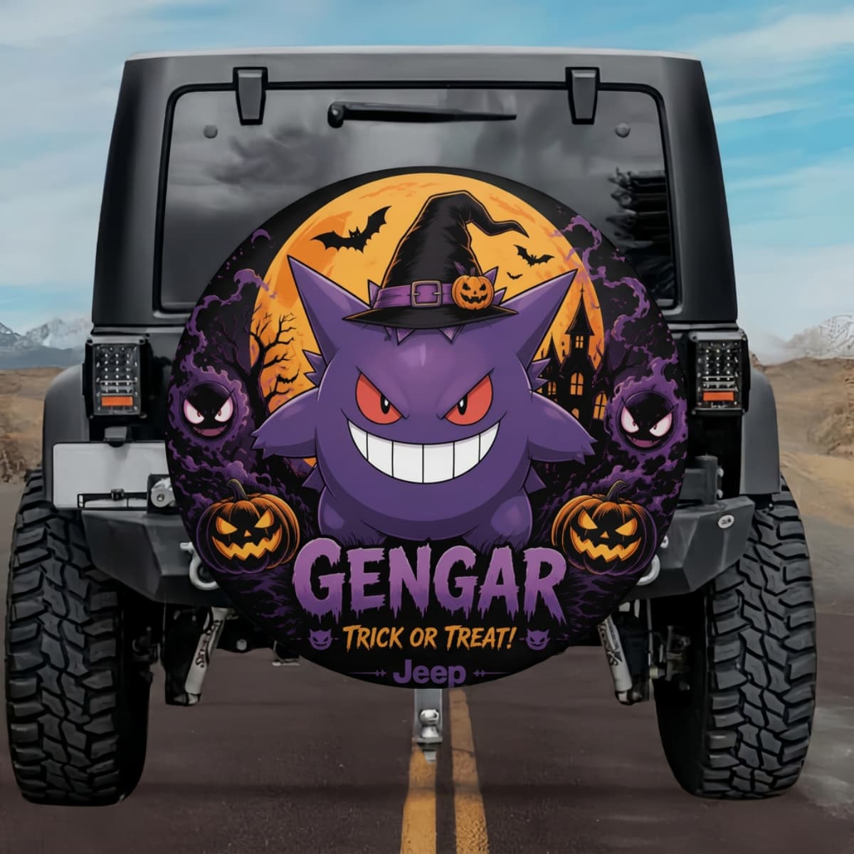 Pokemon Gengar Witch Hat Halloween Trick-or-Treat Spare Tire Cover for Jeep, SUV & RV