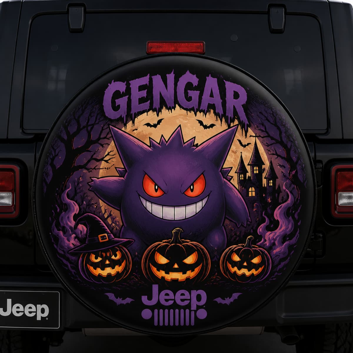 Pokemon Gengar Haunted House & Jack-o’-Lantern Halloween Spare Tire Cover for Jeep, SUV & RV