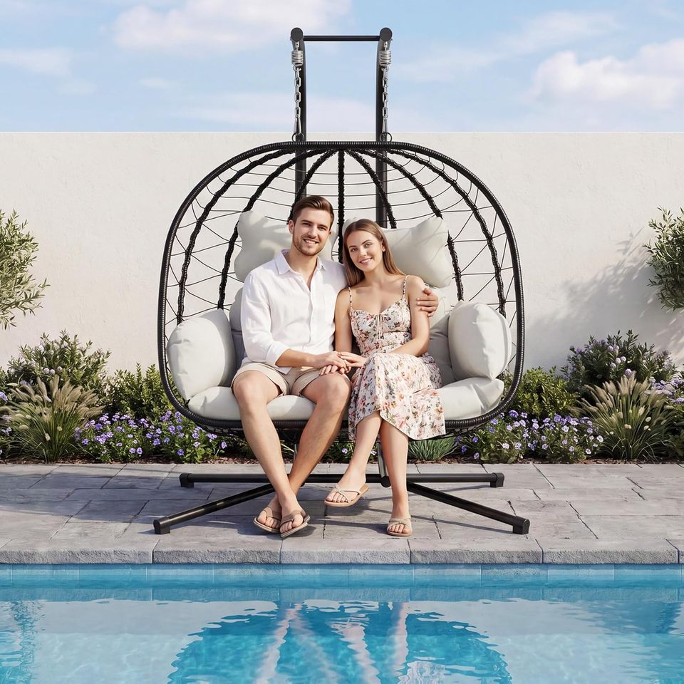 All-Weather 2-Seater Hanging Egg Chair with Stand | Heavy-Duty Lounger (317 kg)