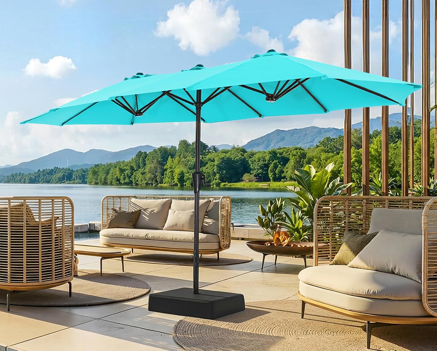 13FT Extra Large Double-Sided Outdoor Patio Umbrella with Base, Fade-Resistant Canopy for Pool, Deck, Garden & Backyard – Light Blue