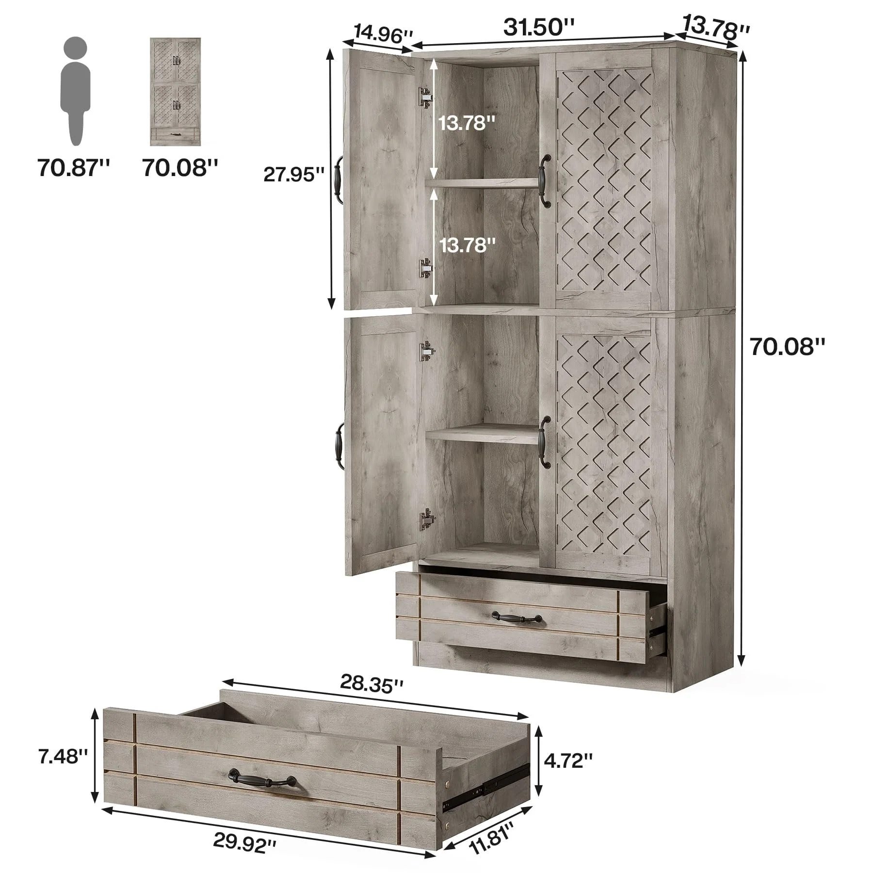 70-Inch Kitchen Pantry Cabinet, Tall Bakers' Rack Kitchen Cabinet with Doors and Drawer - N/A