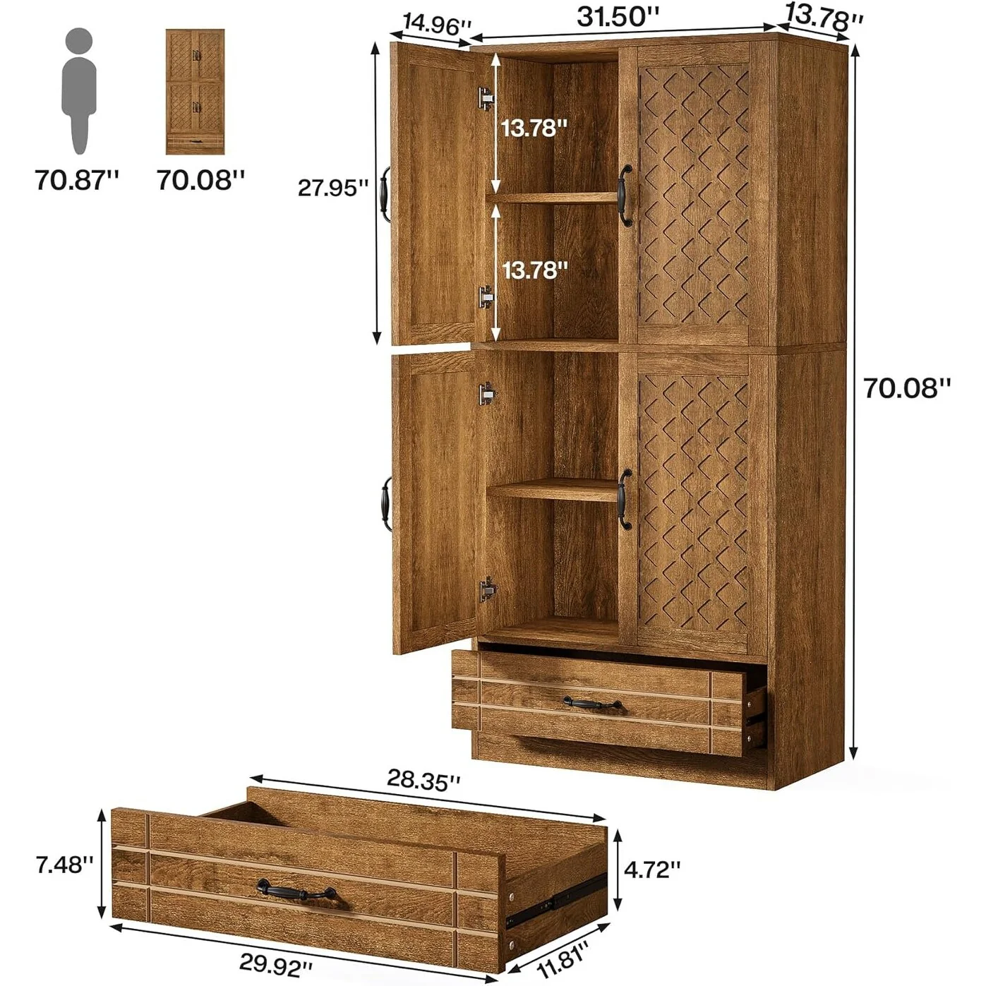 70-Inch Kitchen Pantry Cabinet, Tall Bakers' Rack Kitchen Cabinet with Doors and Drawer - N/A