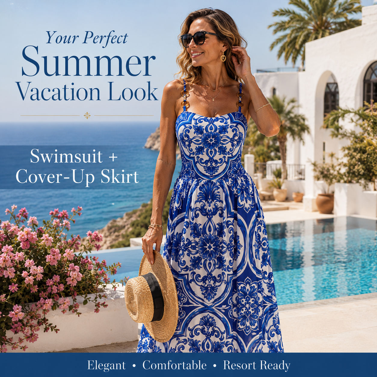 Women’s Mediterranean Blue Print Swimsuit Set with Cover-Up Skirt