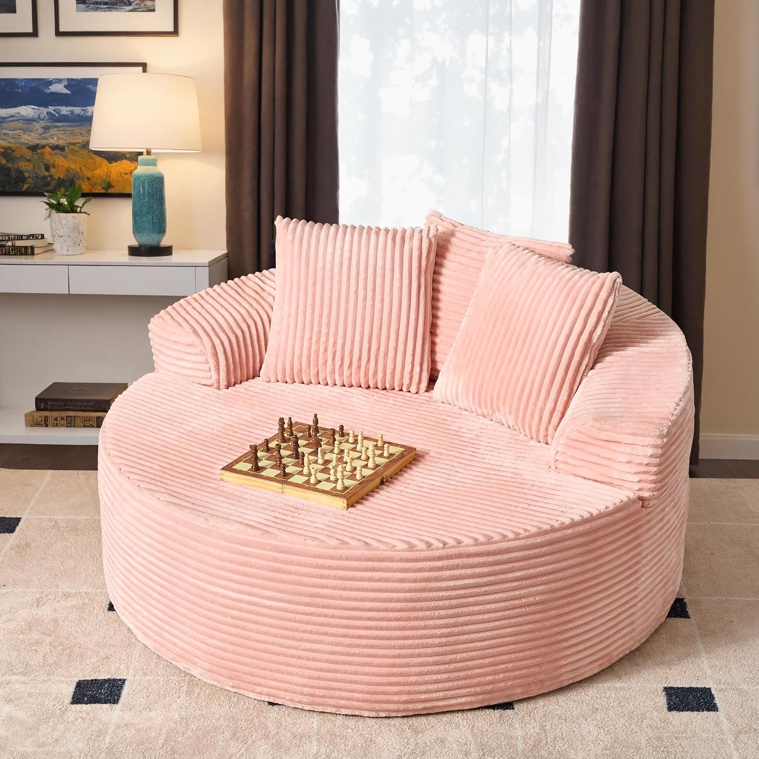 Ovios 58" Oversized Round Chair Lounge Chaise - No Assembly Required Cloud Cuddle Sofa Bed for Living Room, Pink (Plush Corduroy)