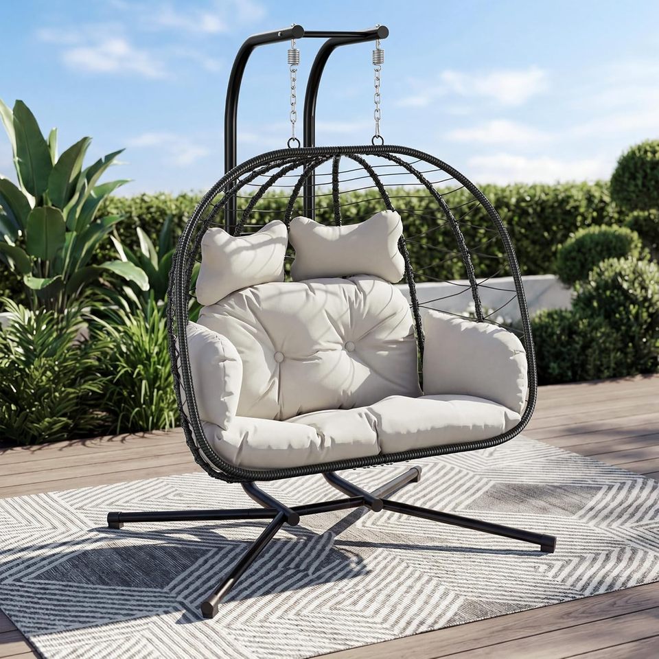 All-Weather 2-Seater Hanging Egg Chair with Stand | Heavy-Duty Lounger (317 kg)