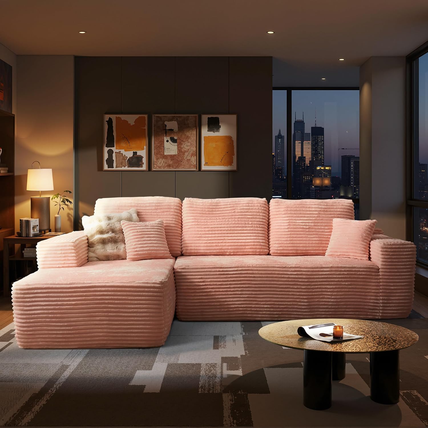 Ovios 58" Oversized Round Chair Lounge Chaise - No Assembly Required Cloud Cuddle Sofa Bed for Living Room, Pink (Plush Corduroy)