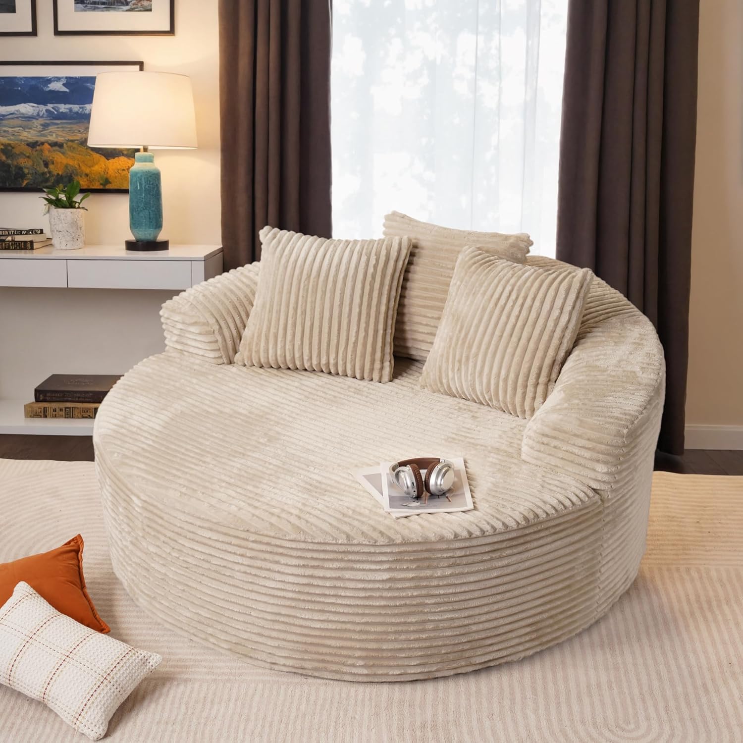 Ovios 58" Oversized Round Chair Lounge Chaise - No Assembly Required Cloud Cuddle Sofa Bed for Living Room, Pink (Plush Corduroy)