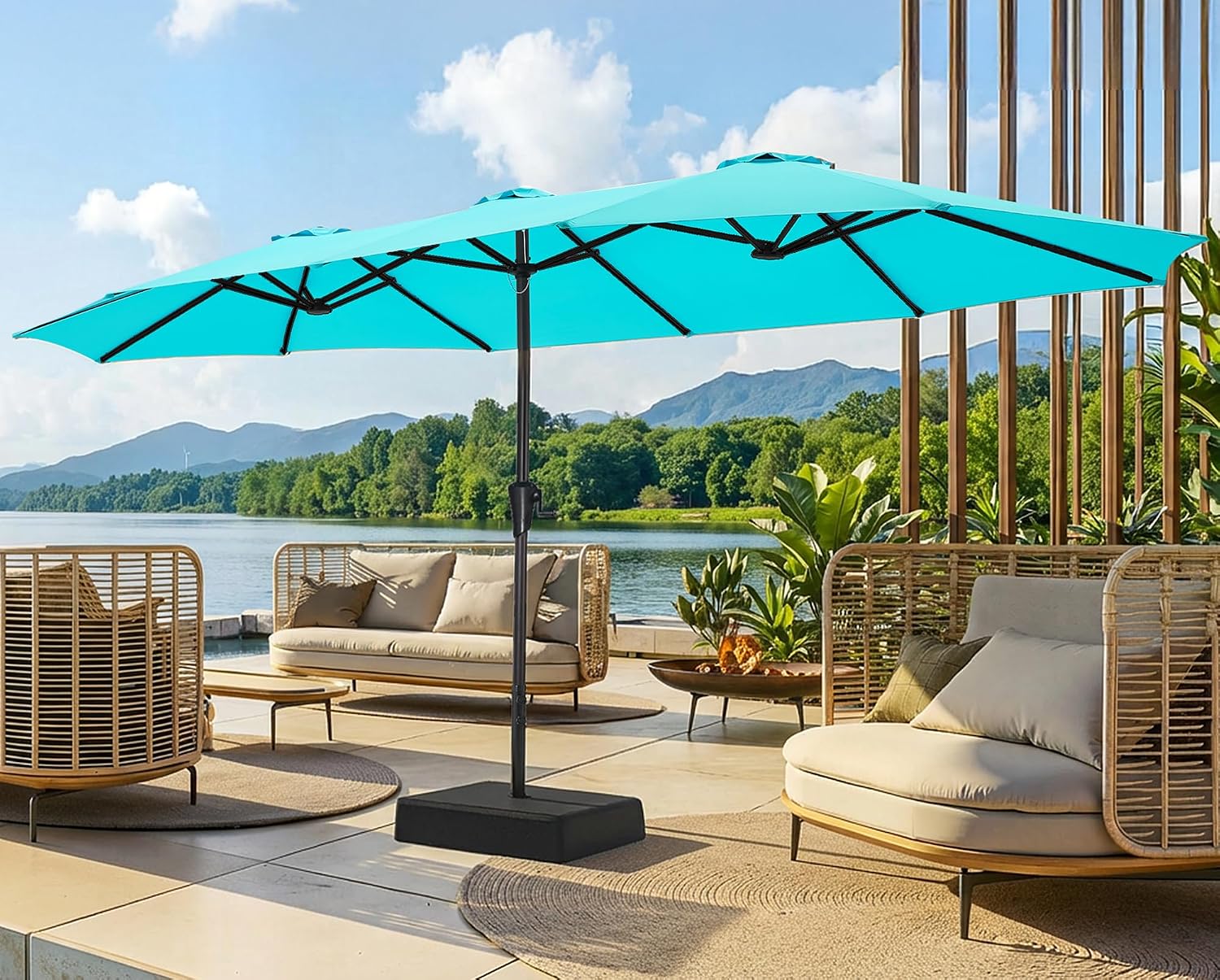 13FT Extra Large Double-Sided Outdoor Patio Umbrella with Base, Fade-Resistant Canopy for Pool, Deck, Garden & Backyard – Light Blue