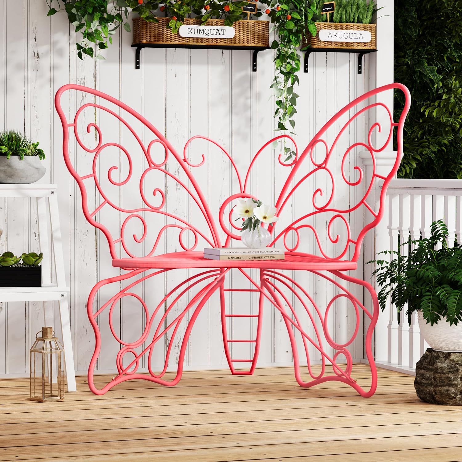 36" Metal Butterfly Garden Bench, Weatherproof Outdoor Patio Bench with Cast Iron Frame for Porch, Lawn, Yard & Balcony