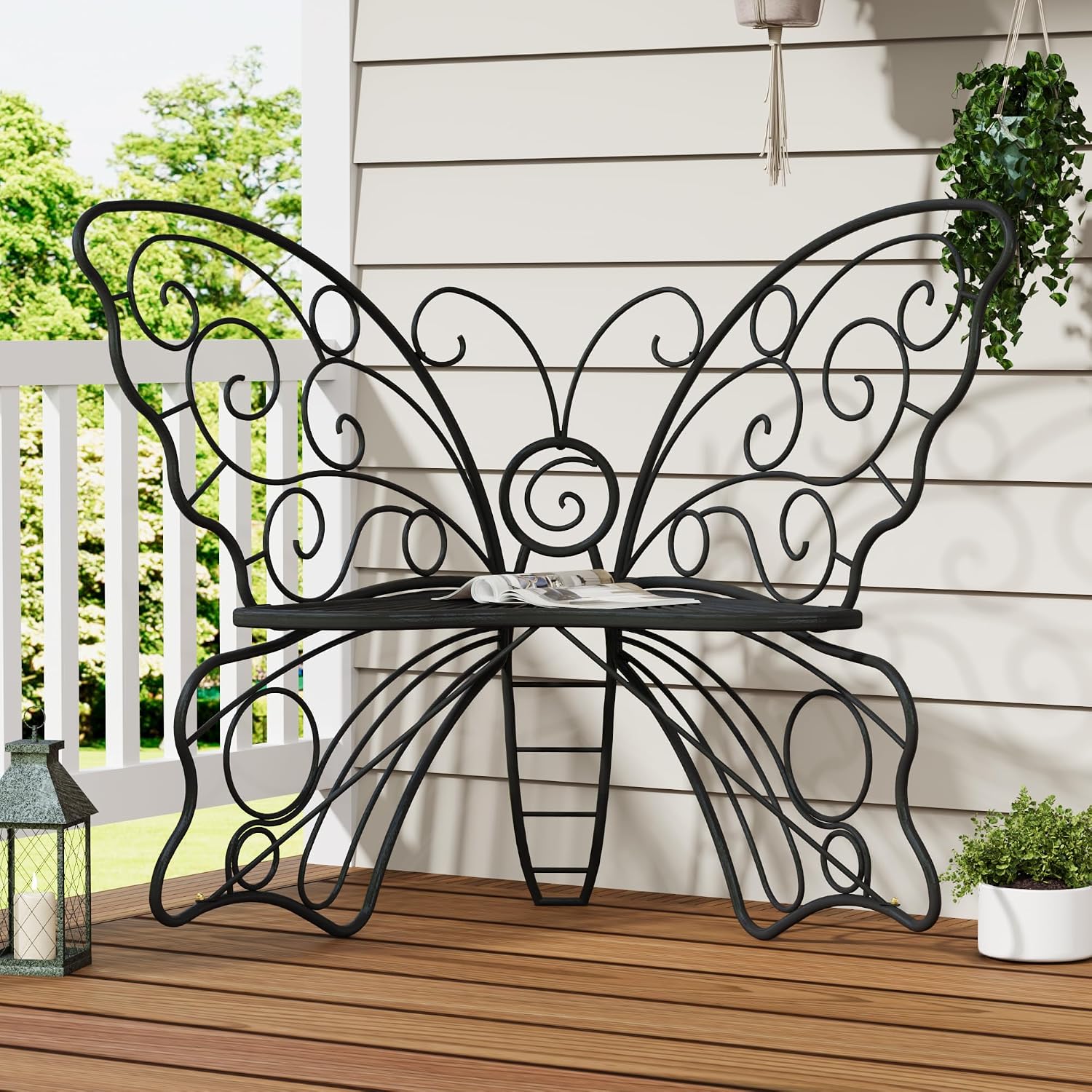 36" Metal Butterfly Garden Bench, Weatherproof Outdoor Patio Bench with Cast Iron Frame for Porch, Lawn, Yard & Balcony