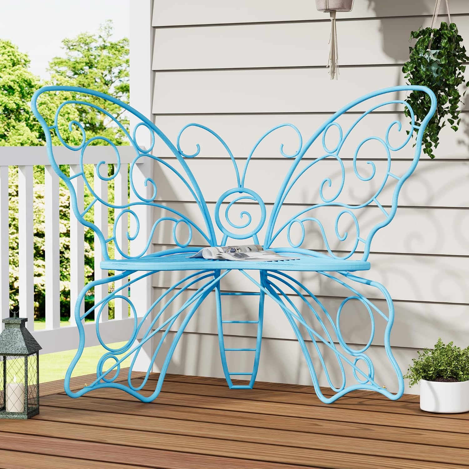 36" Metal Butterfly Garden Bench, Weatherproof Outdoor Patio Bench with Cast Iron Frame for Porch, Lawn, Yard & Balcony