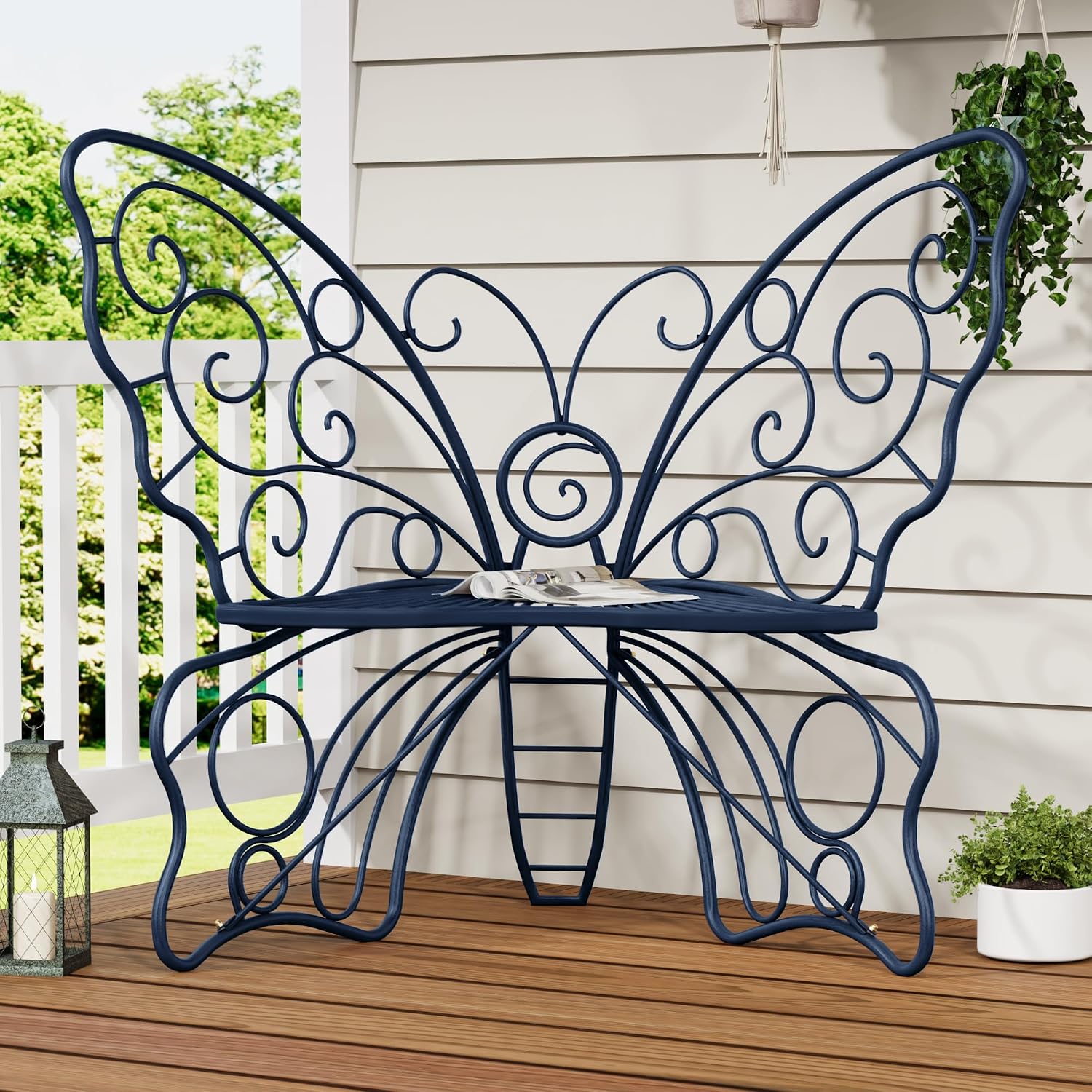 36" Metal Butterfly Garden Bench, Weatherproof Outdoor Patio Bench with Cast Iron Frame for Porch, Lawn, Yard & Balcony