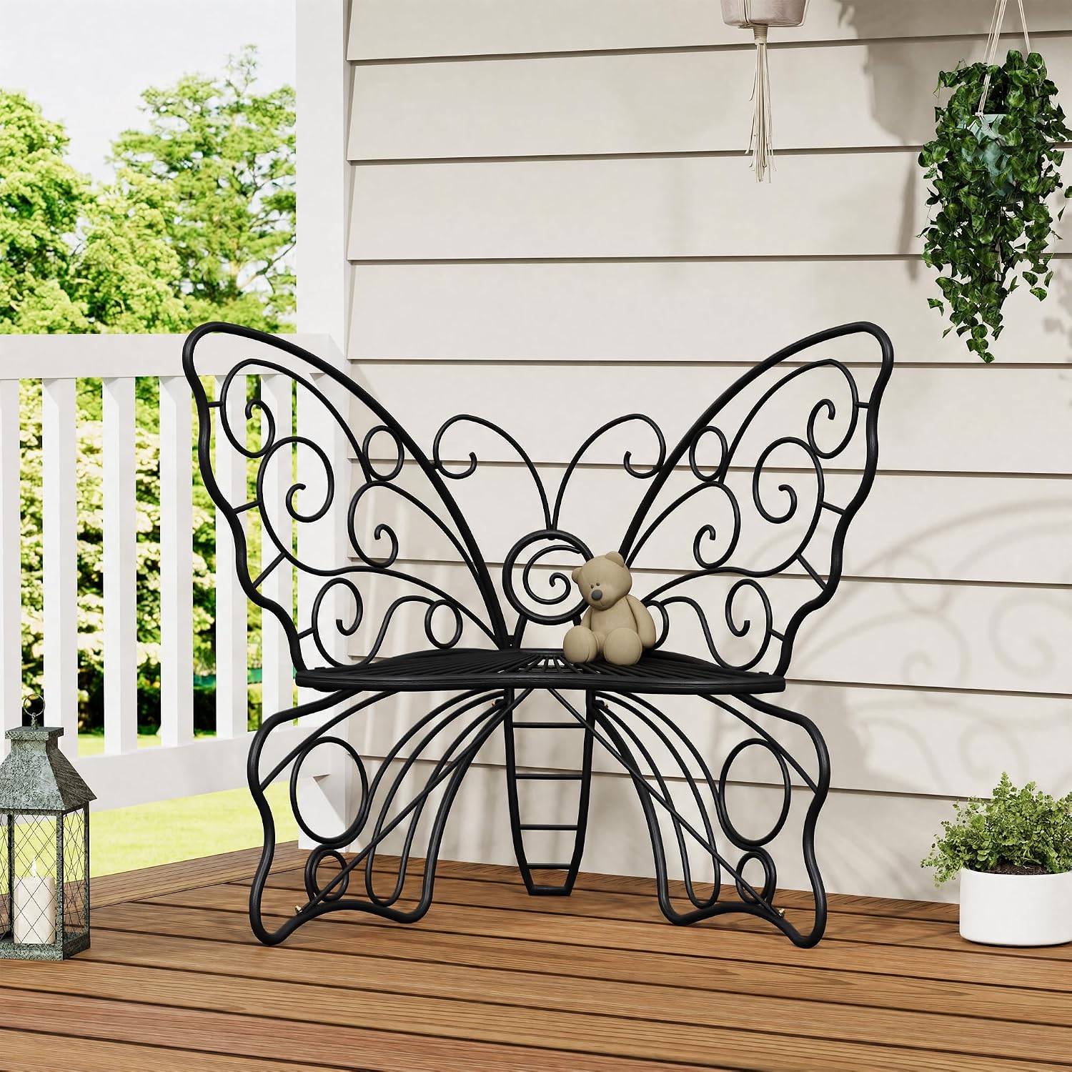 36" Metal Butterfly Garden Bench, Weatherproof Outdoor Patio Bench with Cast Iron Frame for Porch, Lawn, Yard & Balcony