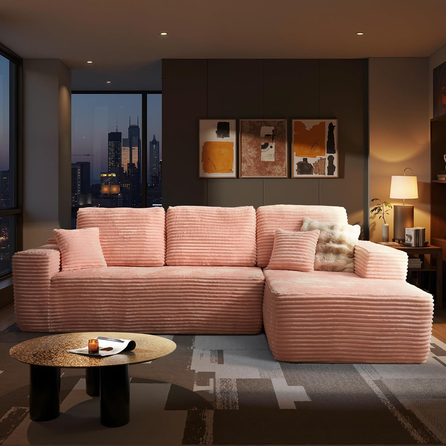 Ovios 58" Oversized Round Chair Lounge Chaise - No Assembly Required Cloud Cuddle Sofa Bed for Living Room, Pink (Plush Corduroy)
