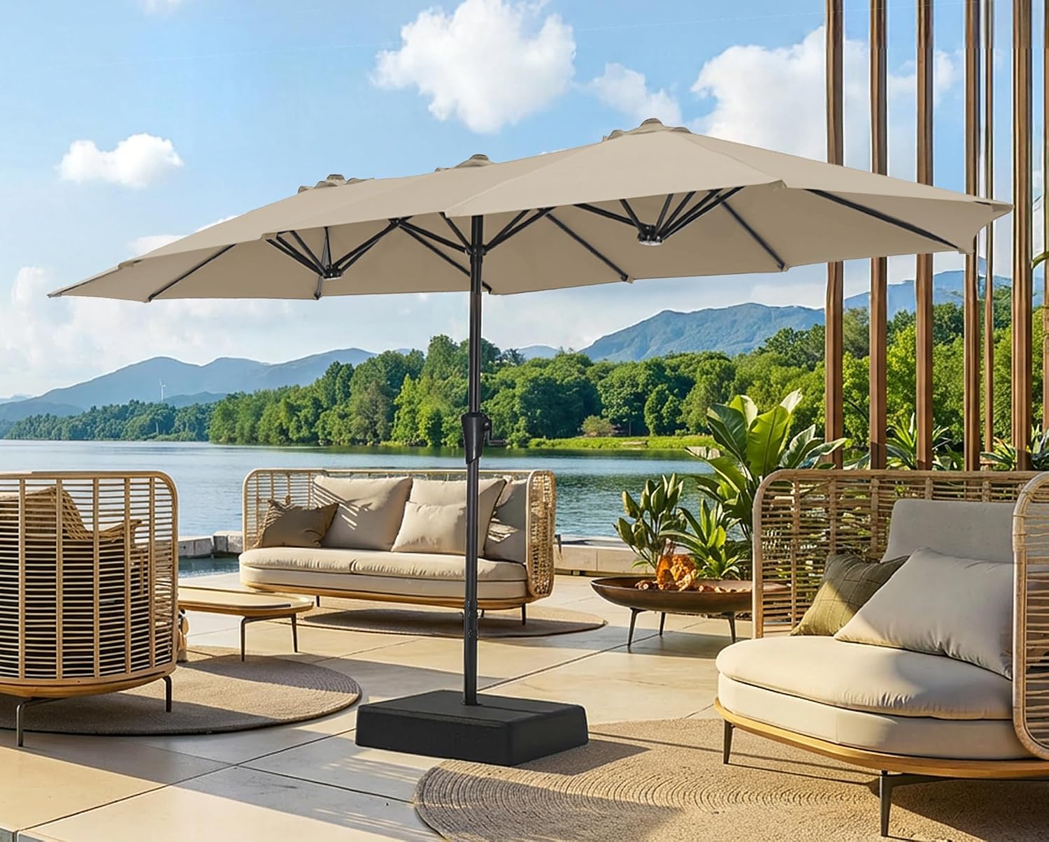 13FT Extra Large Double-Sided Outdoor Patio Umbrella with Base, Fade-Resistant Canopy for Pool, Deck, Garden & Backyard – Light Blue