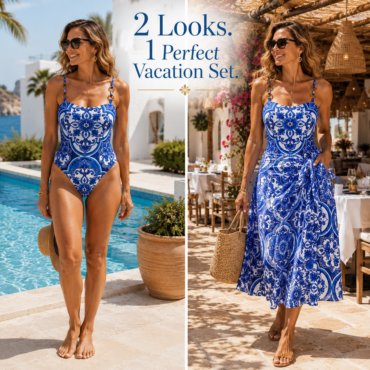 Women’s Mediterranean Blue Print Swimsuit Set with Cover-Up Skirt
