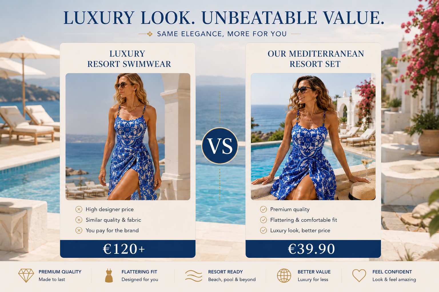 Women’s Mediterranean Blue Print Swimsuit Set with Cover-Up Skirt