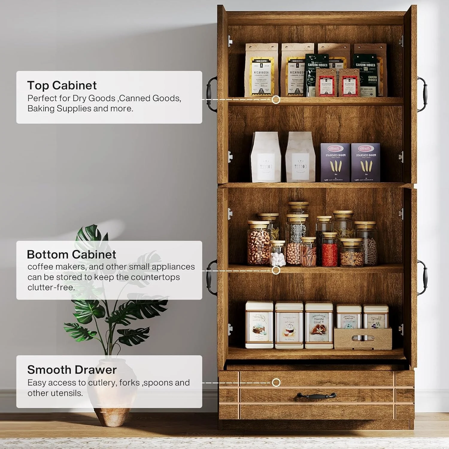 70-Inch Kitchen Pantry Cabinet, Tall Bakers' Rack Kitchen Cabinet with Doors and Drawer - N/A