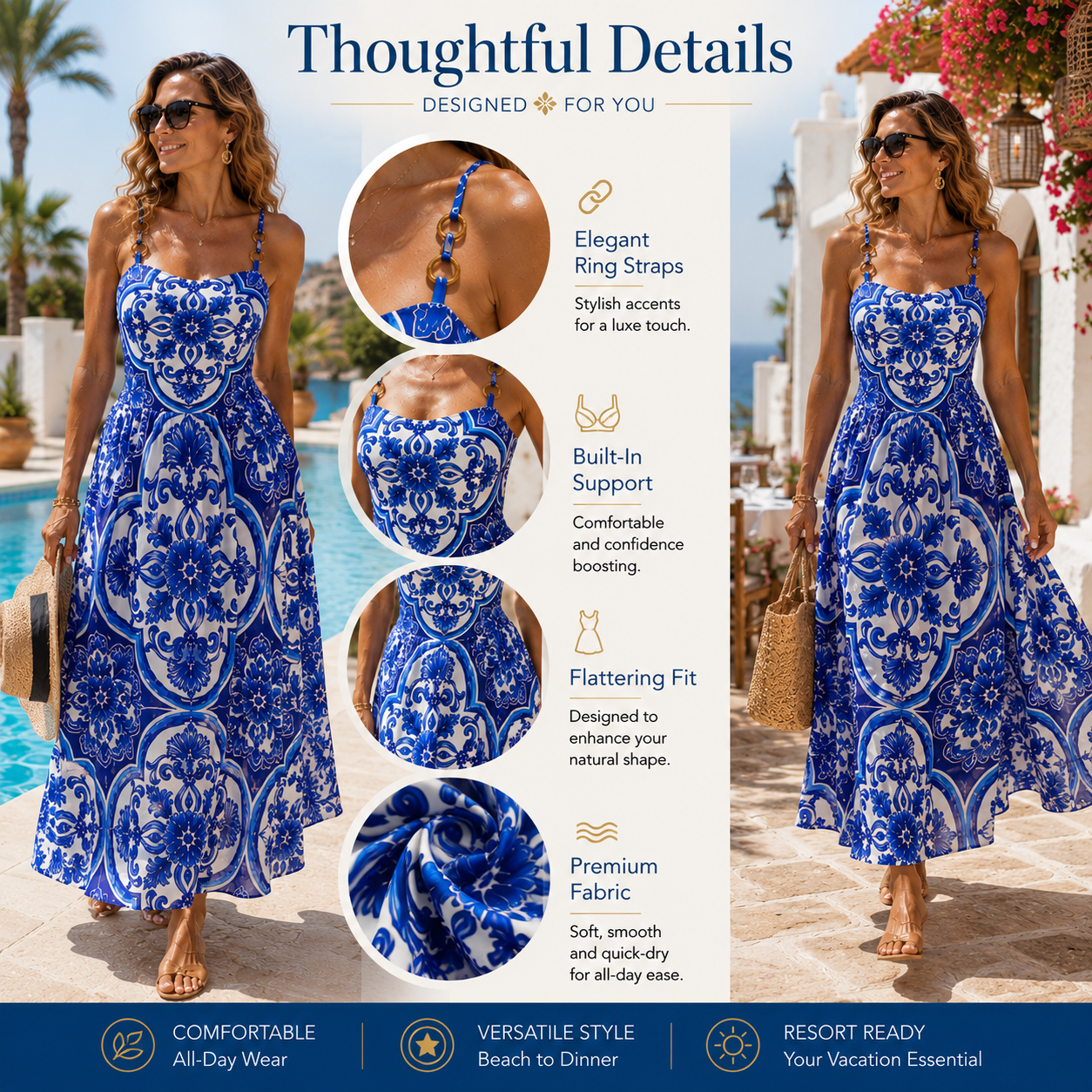 Women’s Mediterranean Blue Print Swimsuit Set with Cover-Up Skirt