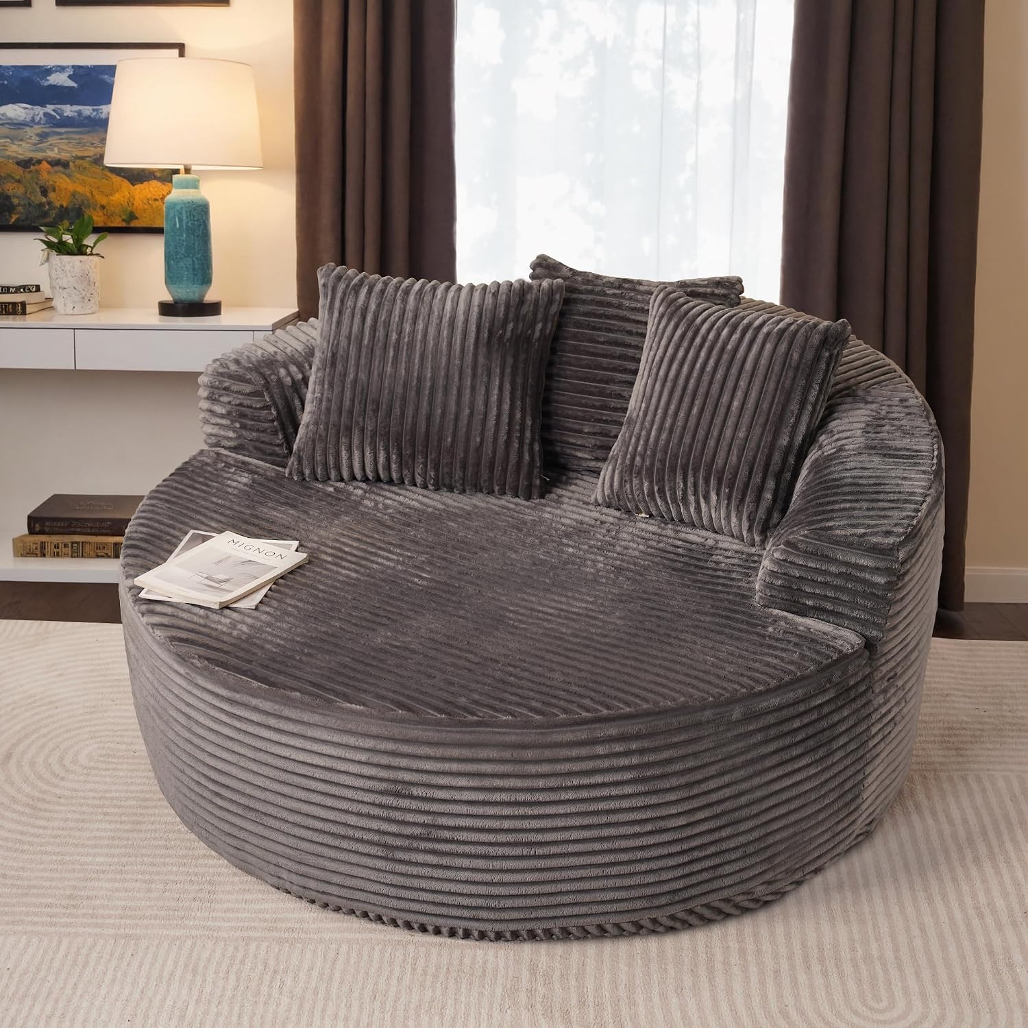 Ovios 58" Oversized Round Chair Lounge Chaise - No Assembly Required Cloud Cuddle Sofa Bed for Living Room, Pink (Plush Corduroy)