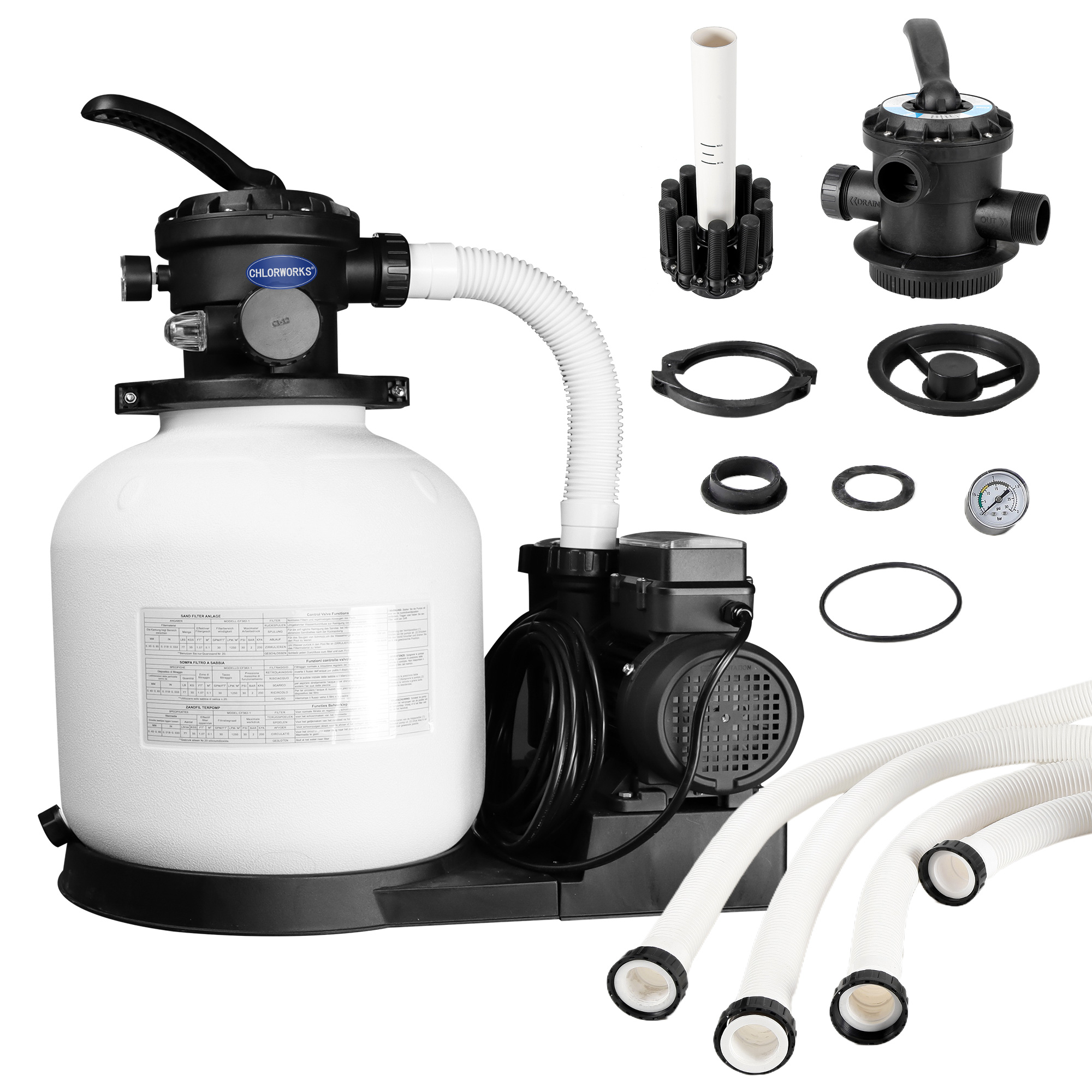 Chlorworks 14In Sand Filter Pump for Above Ground Pool - Pool Sand Filter with Timer, Max Pump Flow Rate 3036 GPH, Up to 20,000 GAL Pools, 6-Way Valve, GFCI Plug, Replacement 15"/40"/120" Hoses