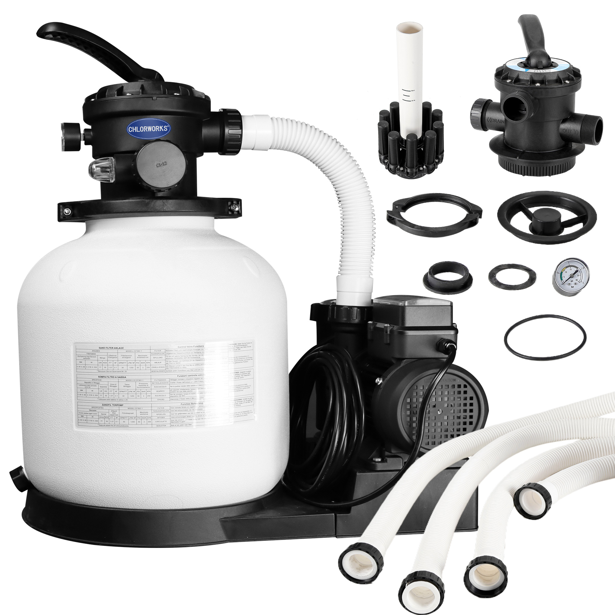 Chlorworks 16In Sand Filter Pump for Above Ground Pool - Pool Sand Filter with Timer, Max Pump Flow Rate 3882 GPH, Up to 25,000 GAL Pools, 6-Way Valve, GFCI Plug, Replacement 15"/40"/120" Hoses
