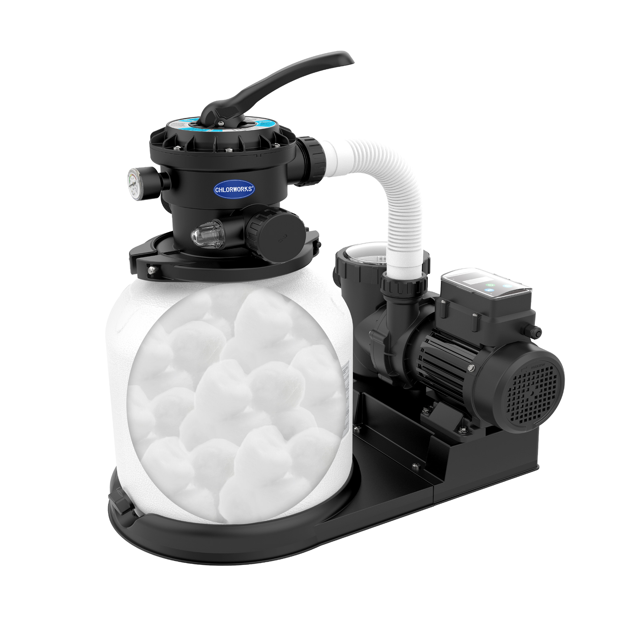 Chlorworks 14In Sand Filter Pump for Above Ground - Flow Rate 3036 GPH, Up to 20K GAL, Pool Pumps above Ground Includes 6 Way Value, Digital Timer, GFCI Plug, 4.4 lbs of Filter Balls, and 3 Pack Hose(15", 40", 120")