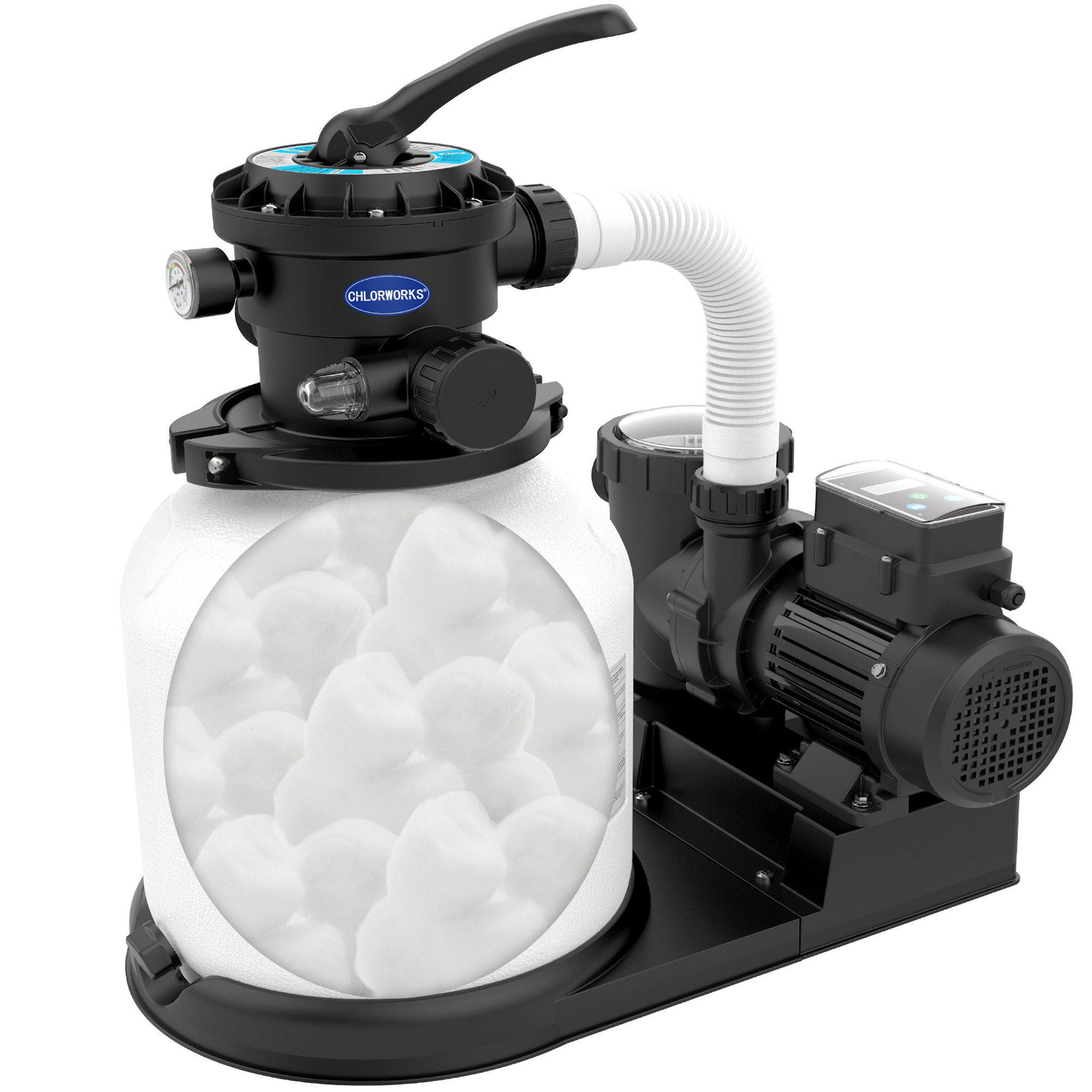 Chlorworks 16In Sand Filter Pump for Above Ground - Flow Rate 3882 GPH, Up to 25K GAL, Pool Pumps above Ground Includes 6 Way Value, Digital Timer, GFCI Plug, 6.17 lbs of Filter Balls, and 3 Pack Hose(20", 40", 120")