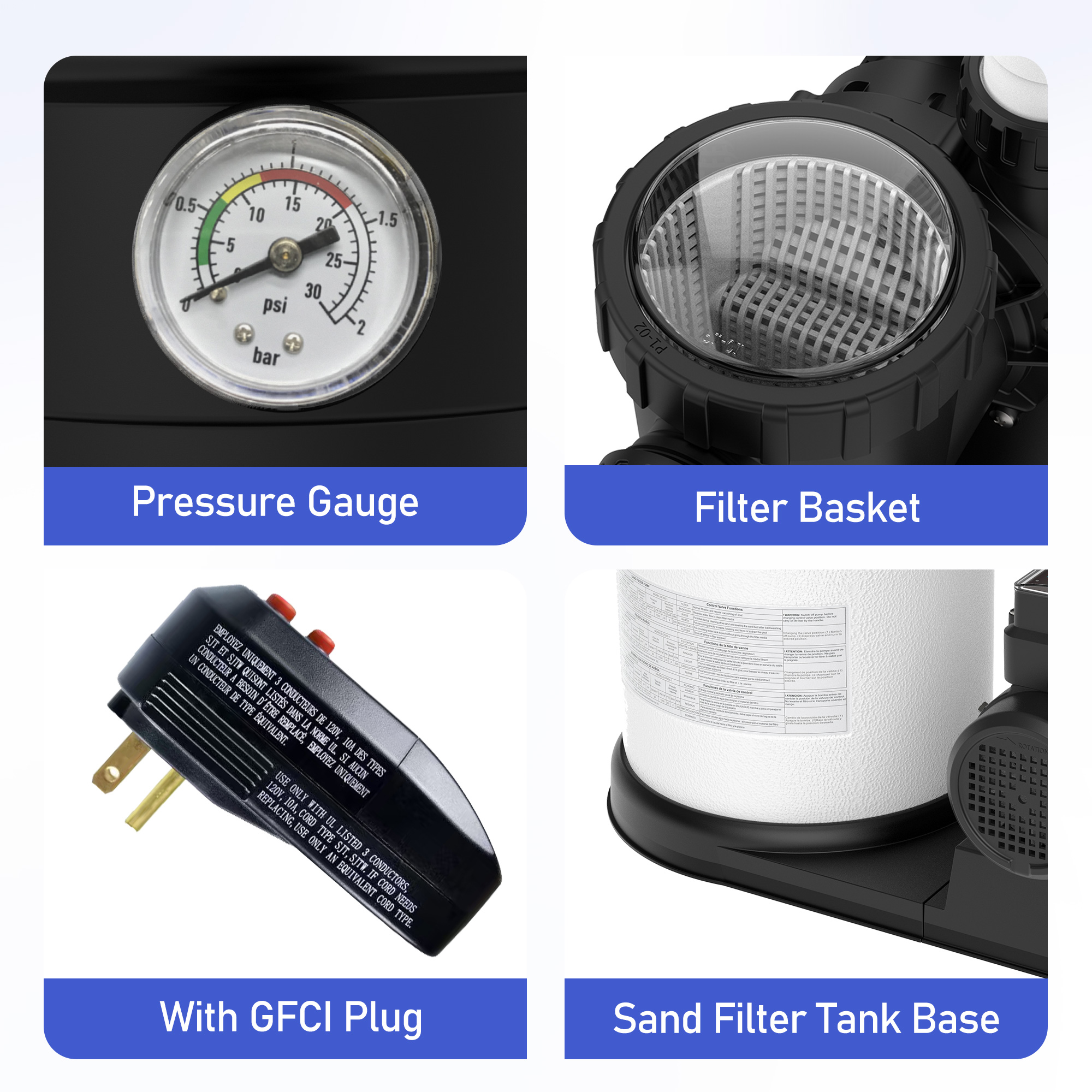 Chlorworks 16In Sand Filter Pump for Above Ground Pool - Pool Sand Filter with Timer, Max Pump Flow Rate 3882 GPH, Up to 25,000 GAL Pools, 6-Way Valve, GFCI Plug, Replacement 15"/40"/120" Hoses