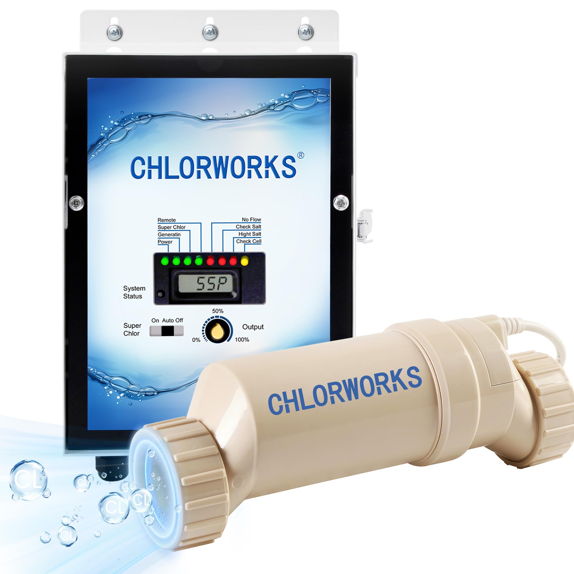 Chlorworks Saltwater Pool System - up to 25,000 Gallons, Salt Generator for Inground Pools, 1 Year Warranty